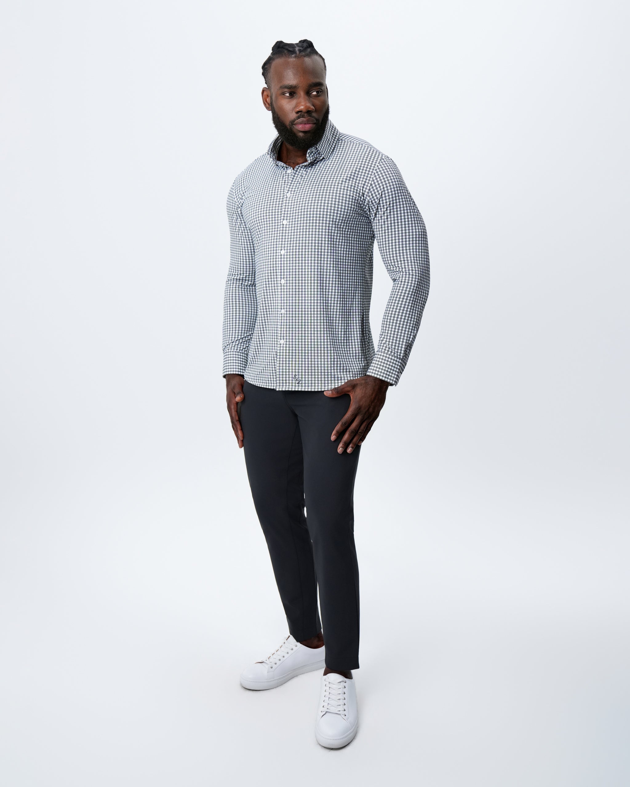 "The Longshore" Sport Shirt - Green and Grey Cross Hatch Windowpane