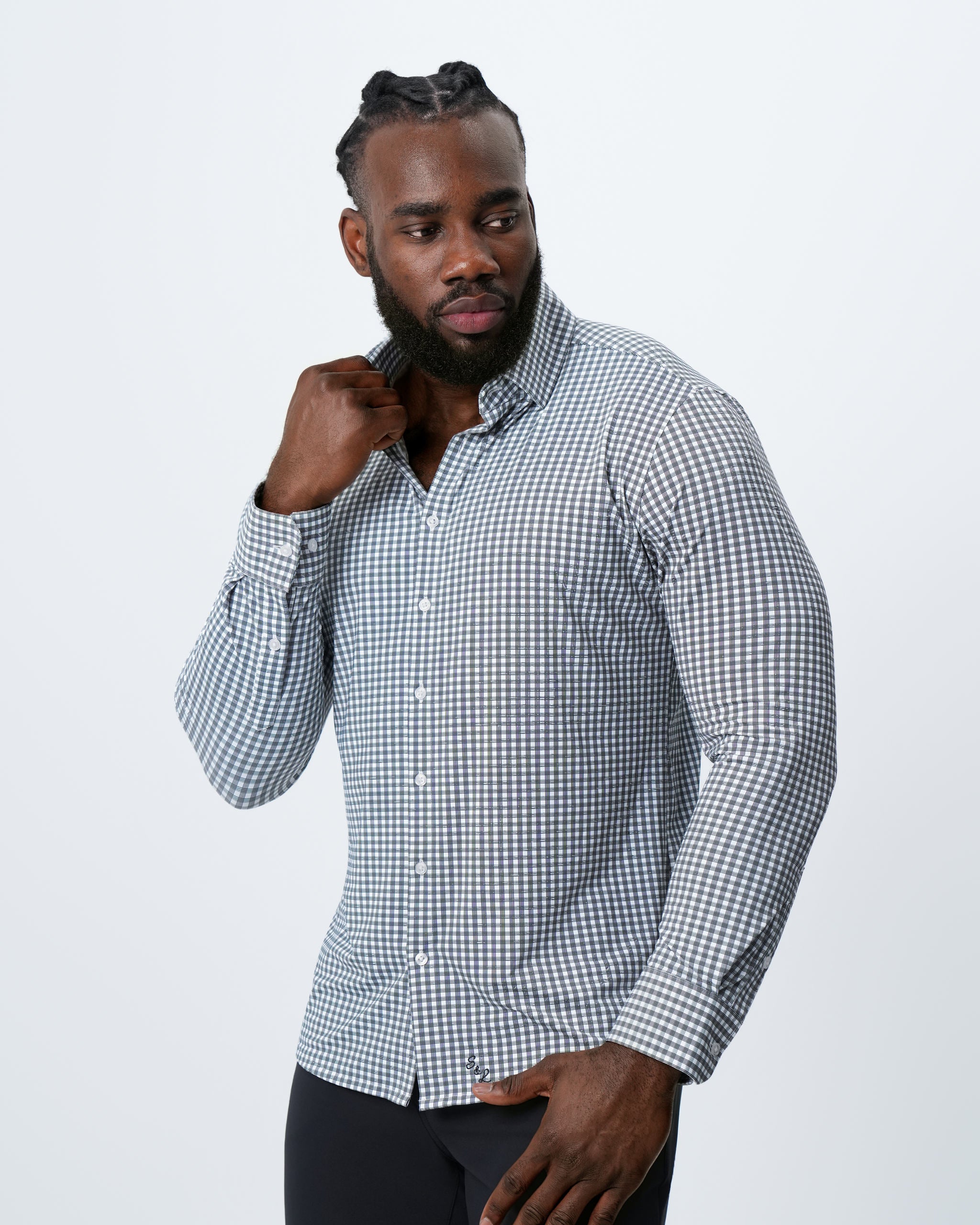 "The Longshore" Sport Shirt - Green and Grey Cross Hatch Windowpane