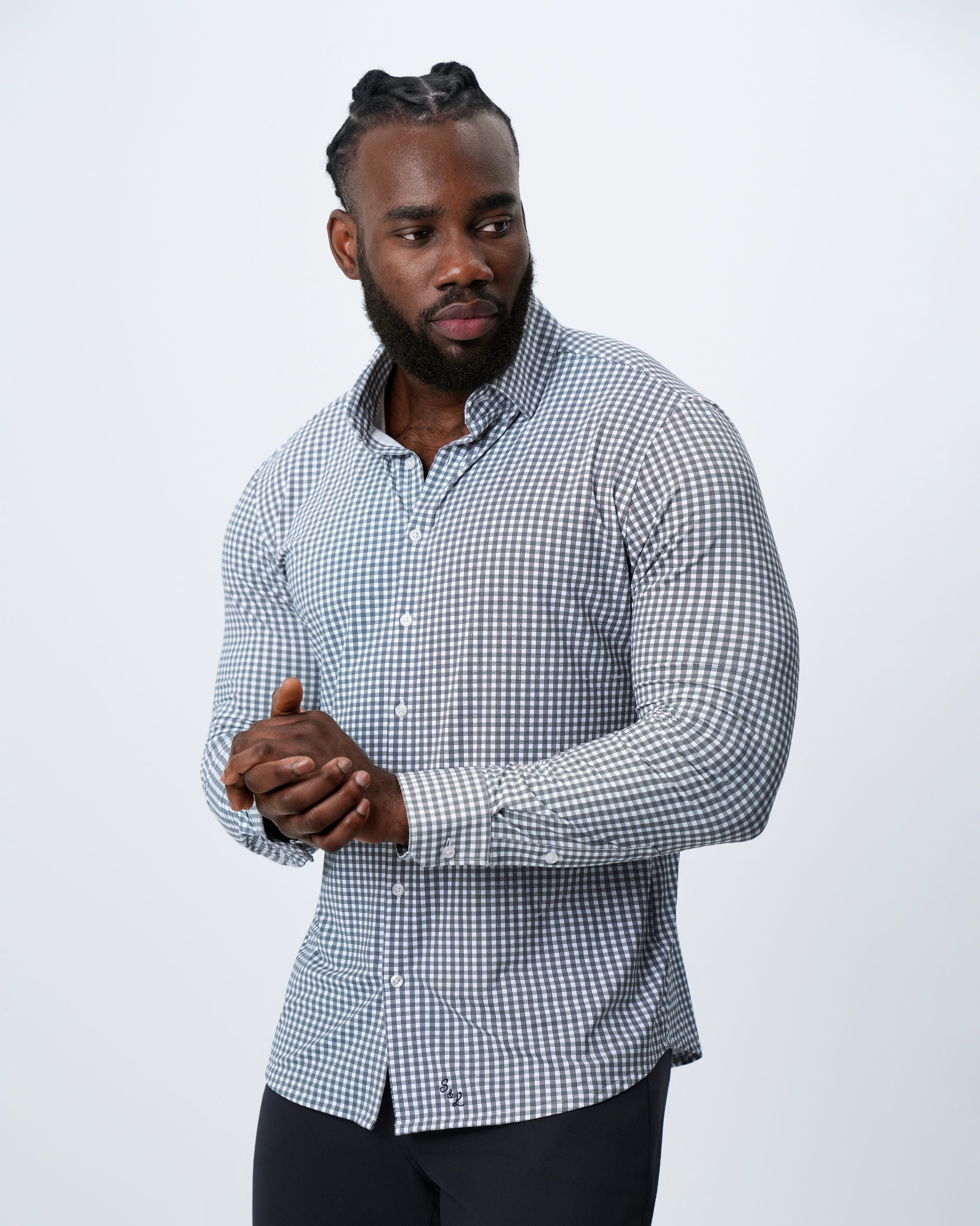 "The Longshore" Sport Shirt - Green and Grey Cross Hatch Windowpane