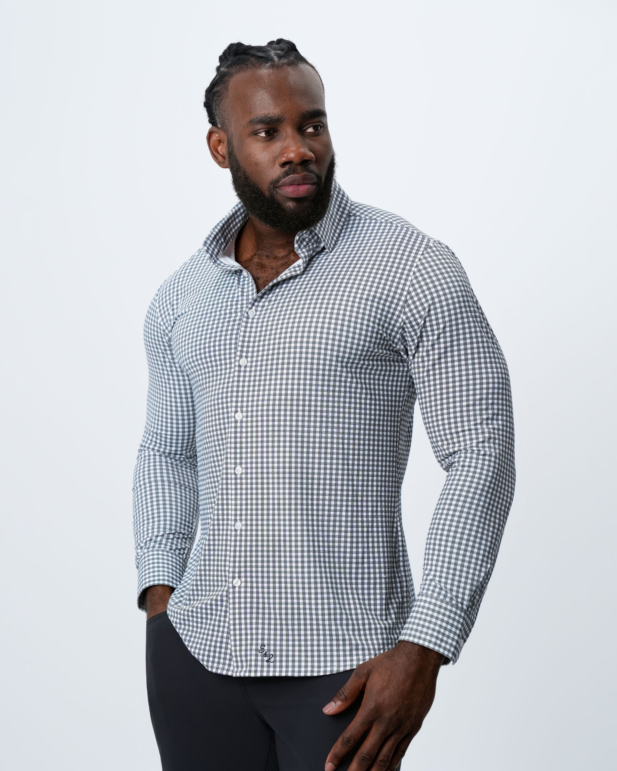 "The Longshore" Sport Shirt - Green and Grey Cross Hatch Windowpane