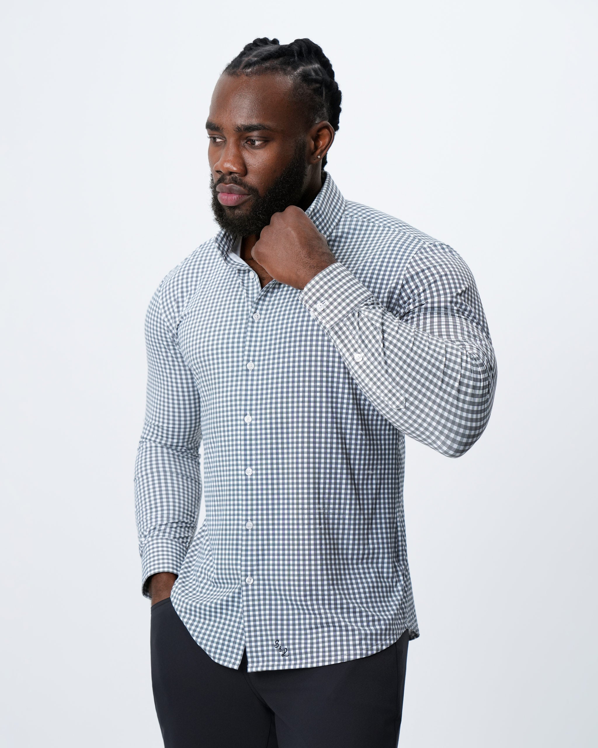 "The Longshore" Sport Shirt - Green and Grey Cross Hatch Windowpane