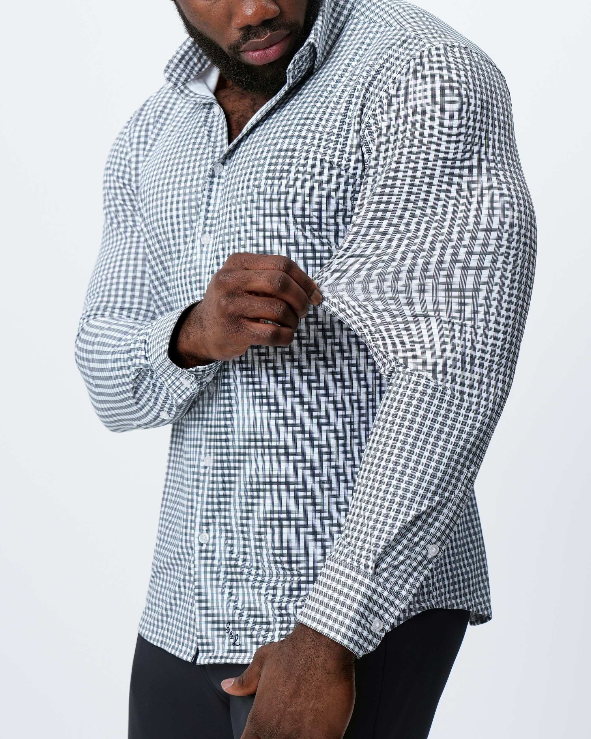 "The Longshore" Sport Shirt - Green and Grey Cross Hatch Windowpane
