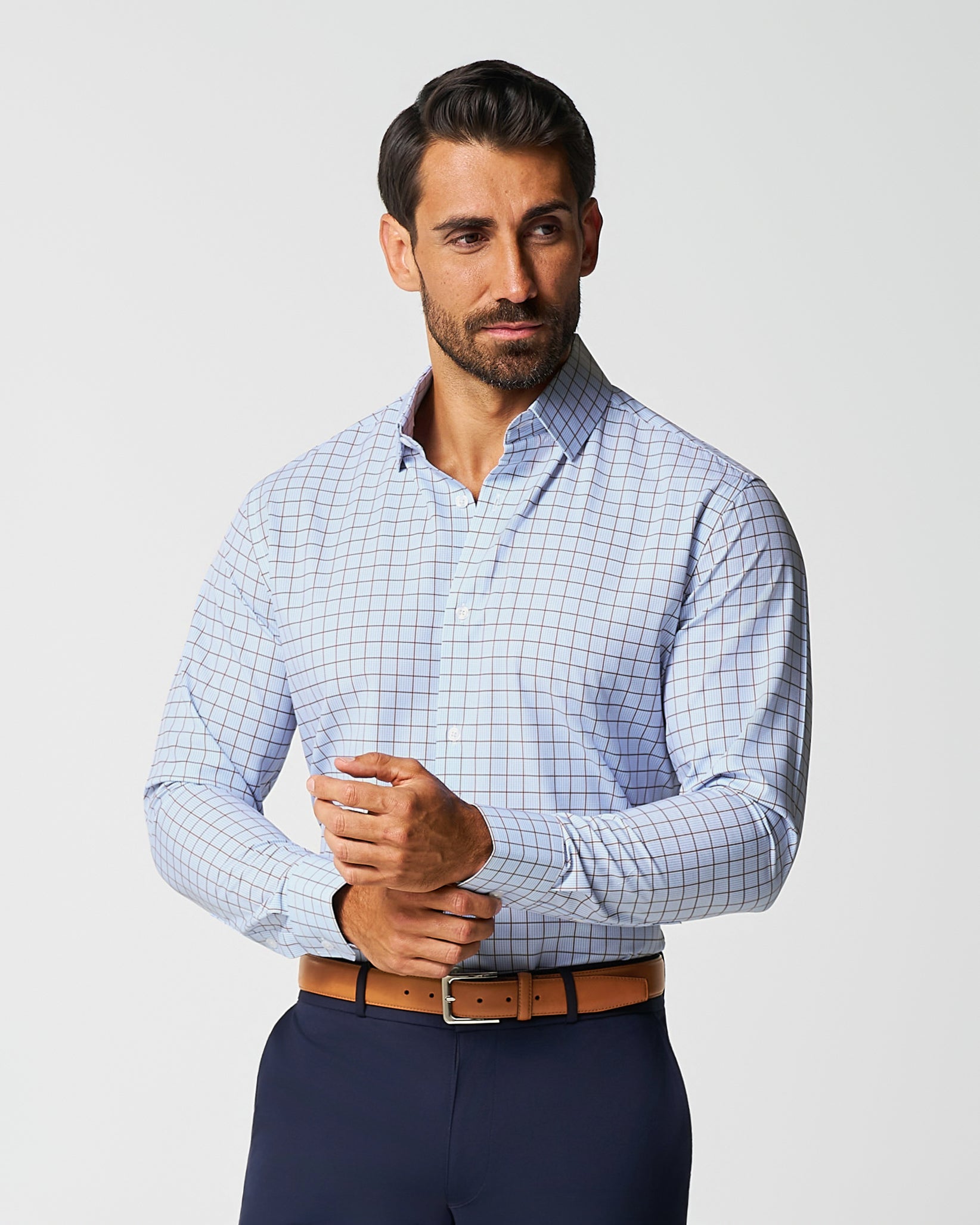 "The Marcus" Brown, White, & Light Blue Windowpane