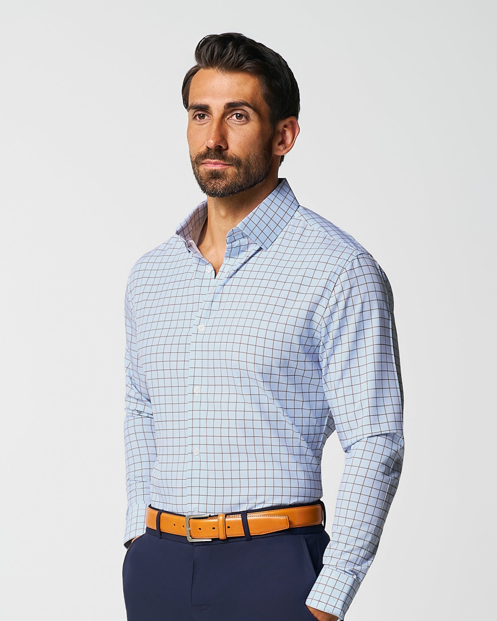 "The Marcus" Brown, White, & Light Blue Windowpane