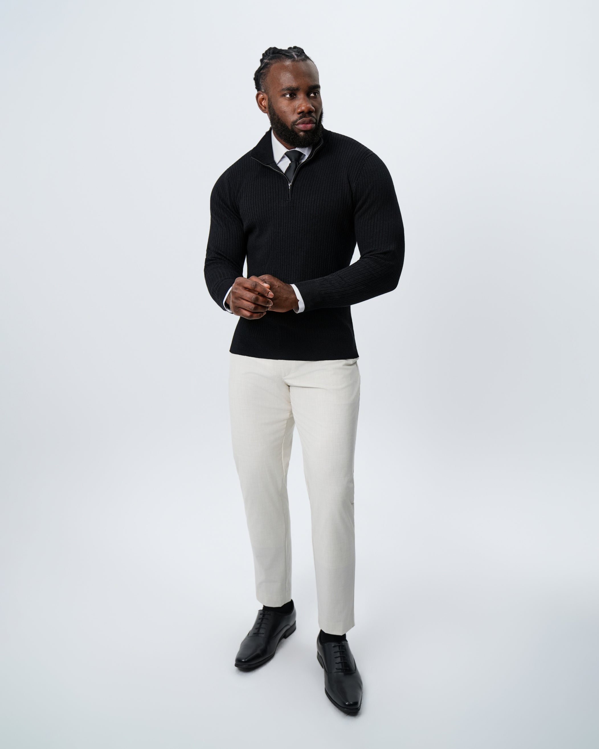 Mid-Weight Ribbed Quarter Zip - Black
