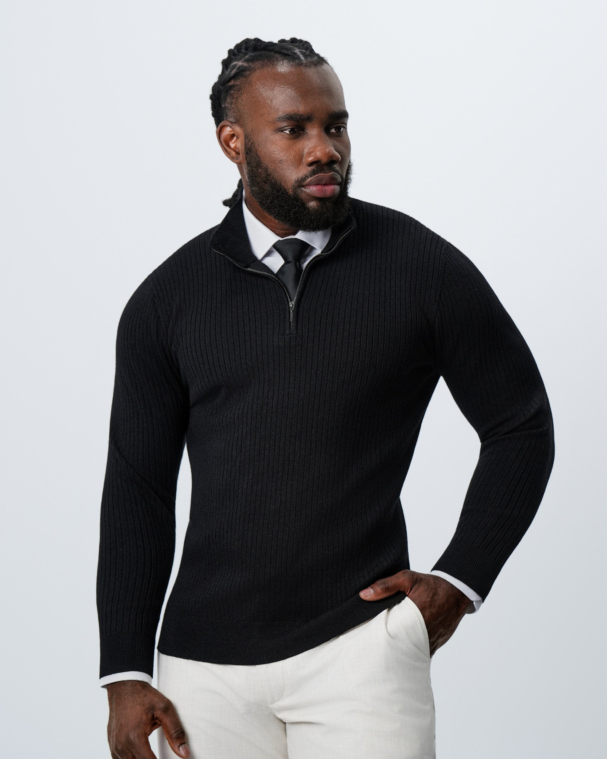 Mid-Weight Ribbed Quarter Zip - Black