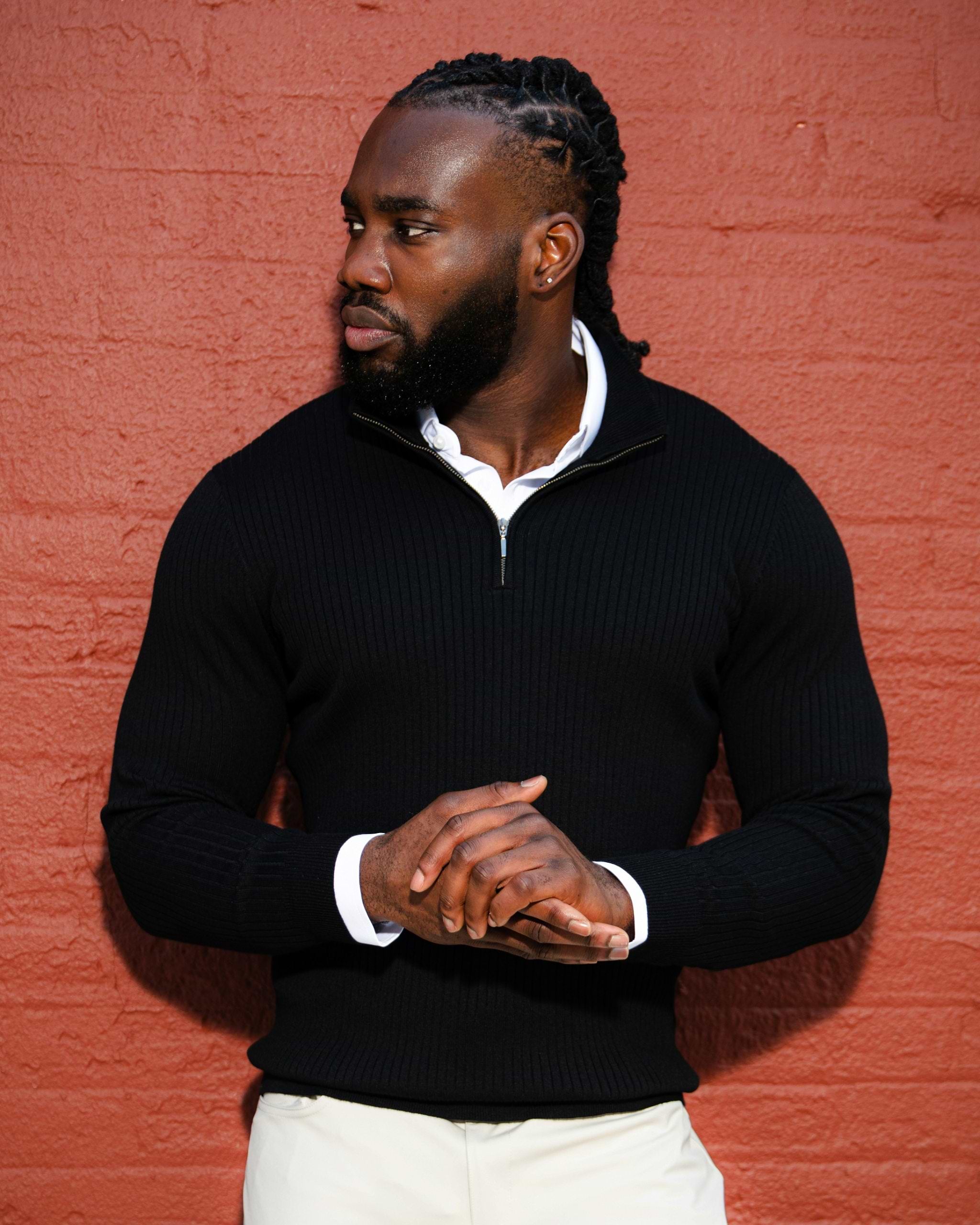 Mid-Weight Ribbed Quarter Zip - Black