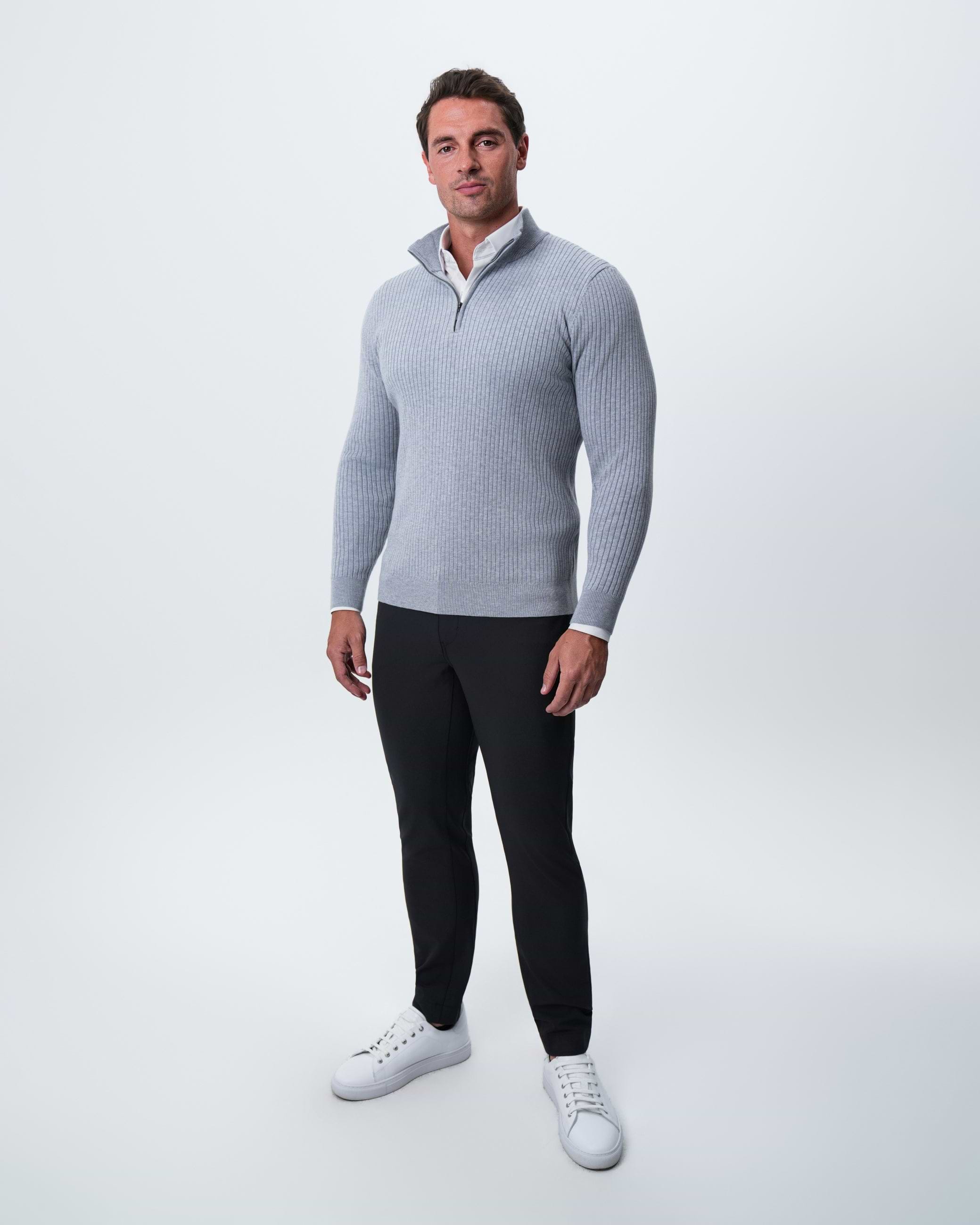 Mid-Weight Ribbed Quarter Zip - Light Grey