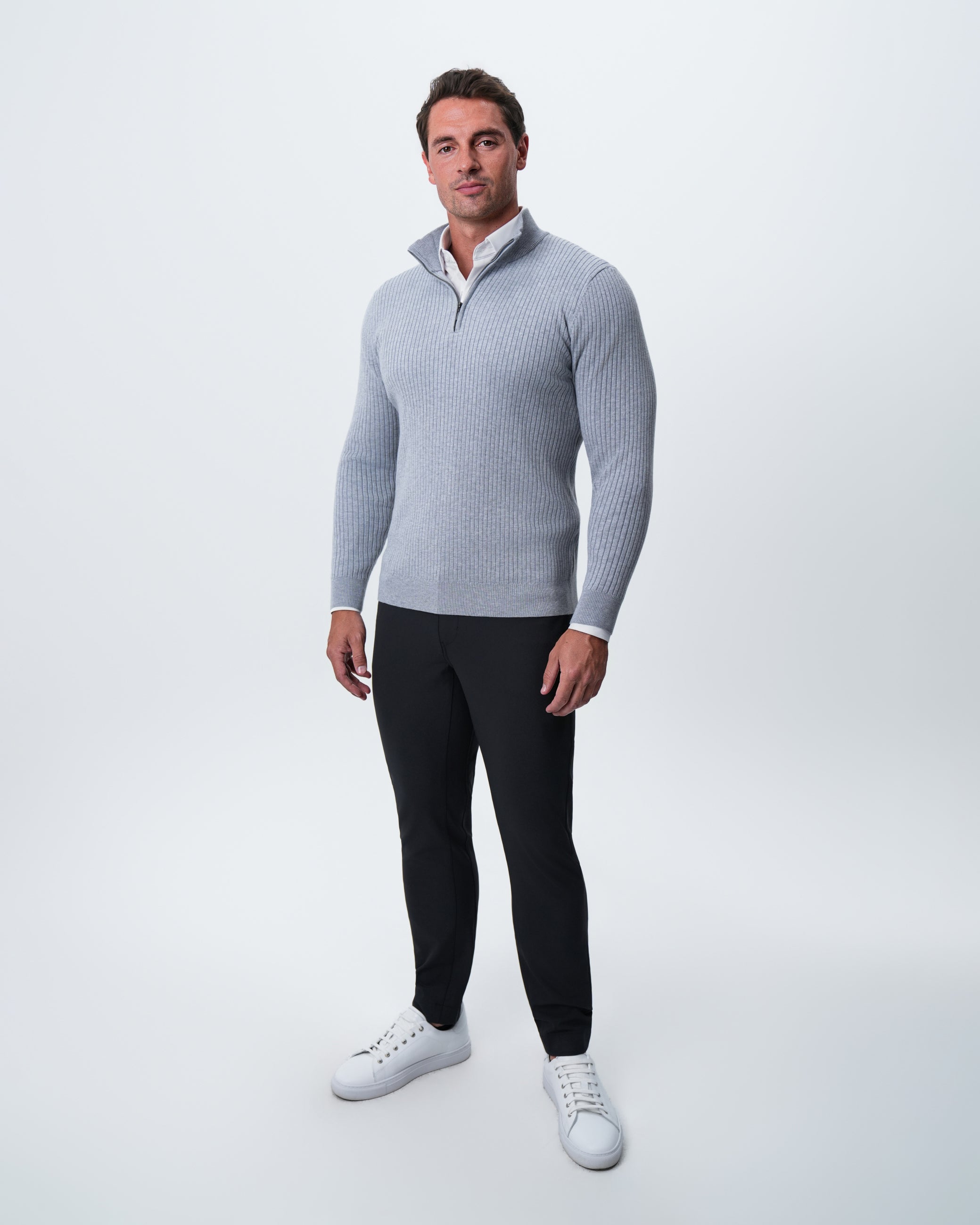 Mid-Weight Ribbed Quarter Zip - Light Grey
