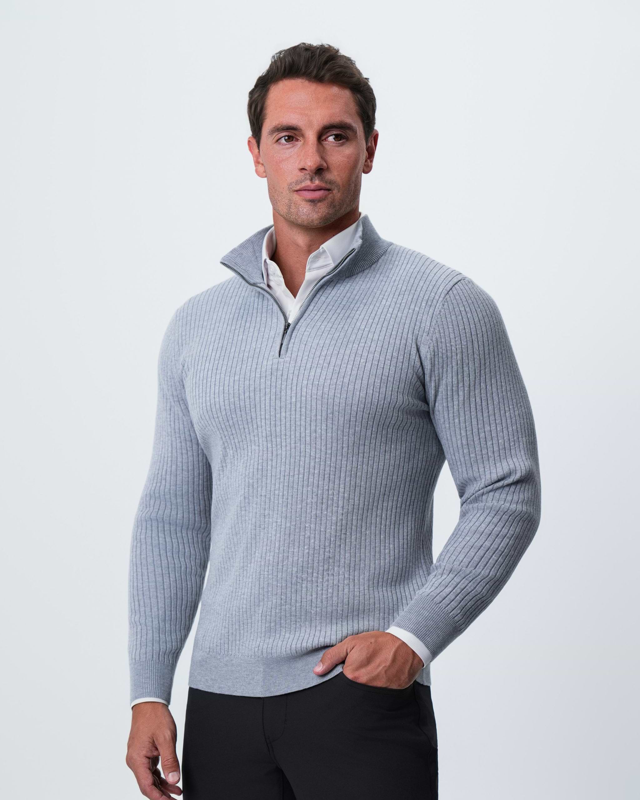 Mid-Weight Ribbed Quarter Zip - Light Grey