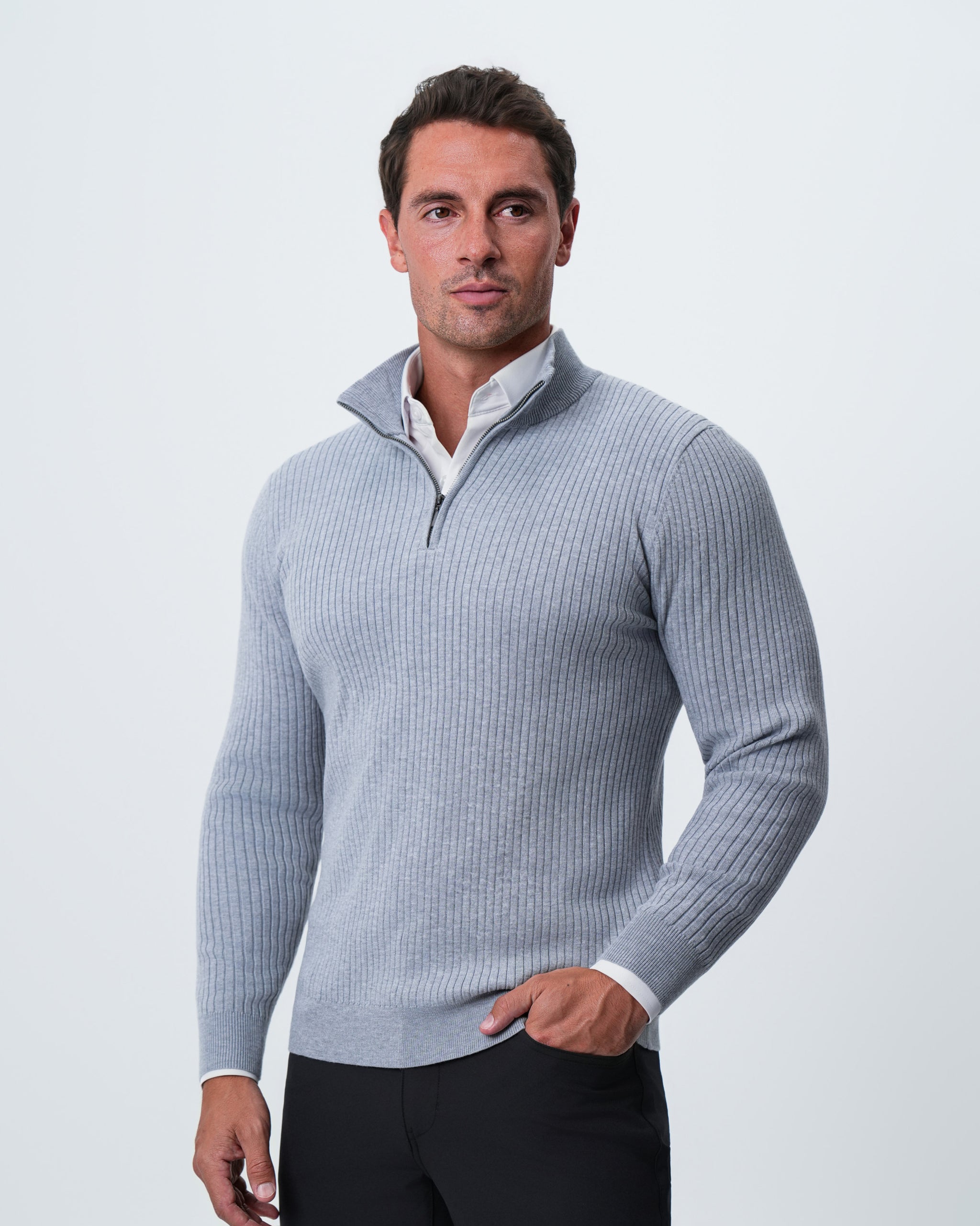 Mid-Weight Ribbed Quarter Zip - Light Grey