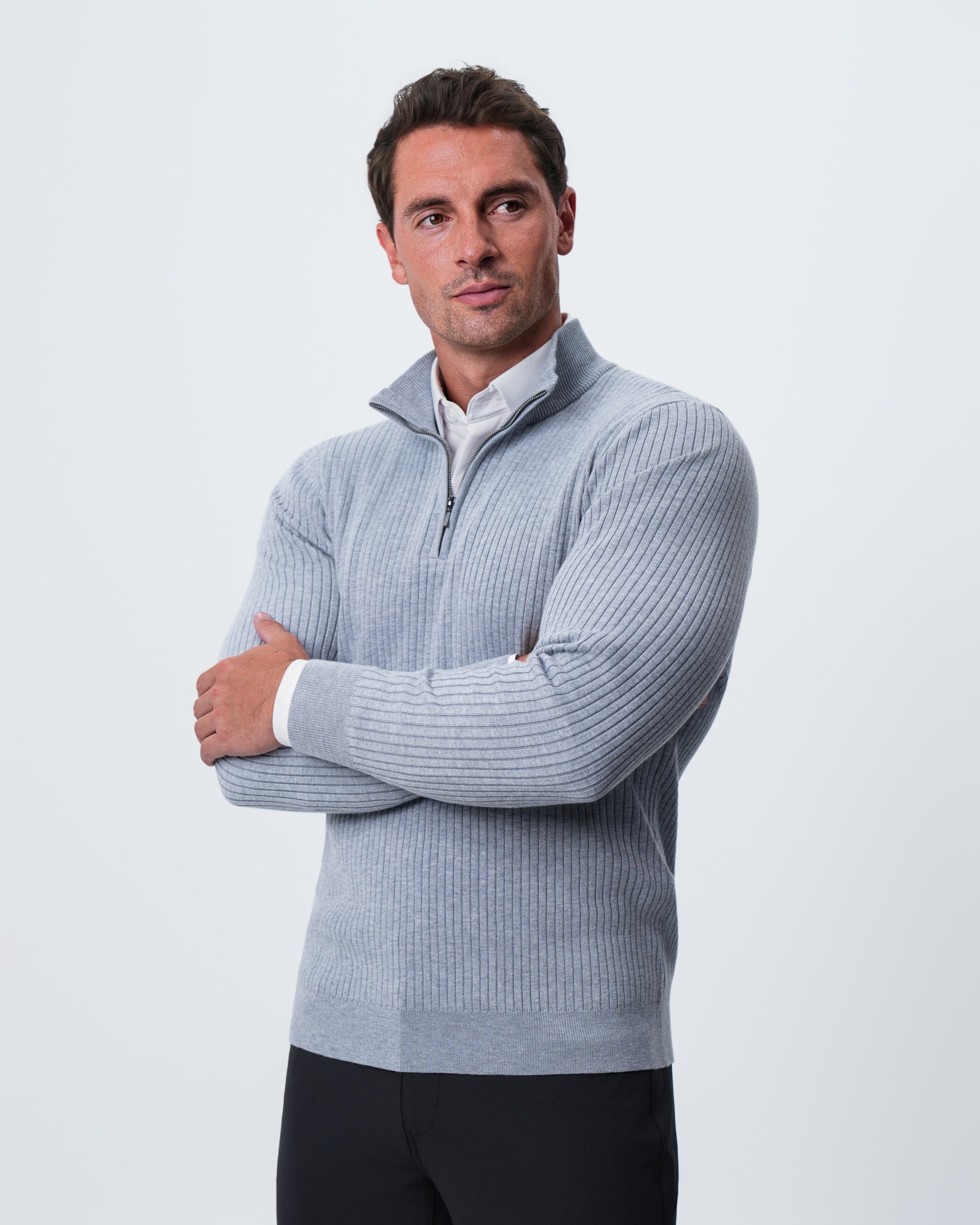 Mid-Weight Ribbed Quarter Zip - Light Grey