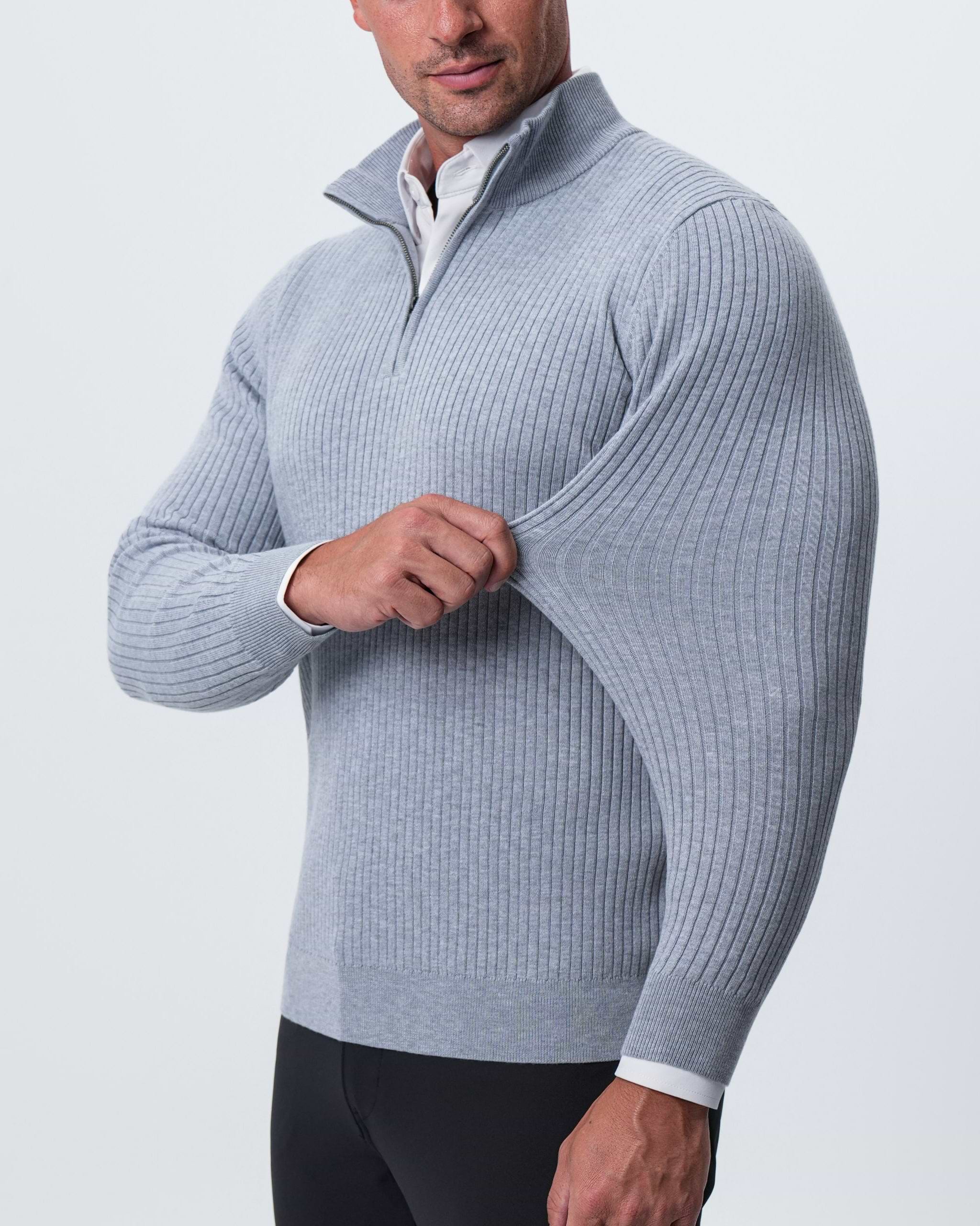 Mid-Weight Ribbed Quarter Zip - Light Grey