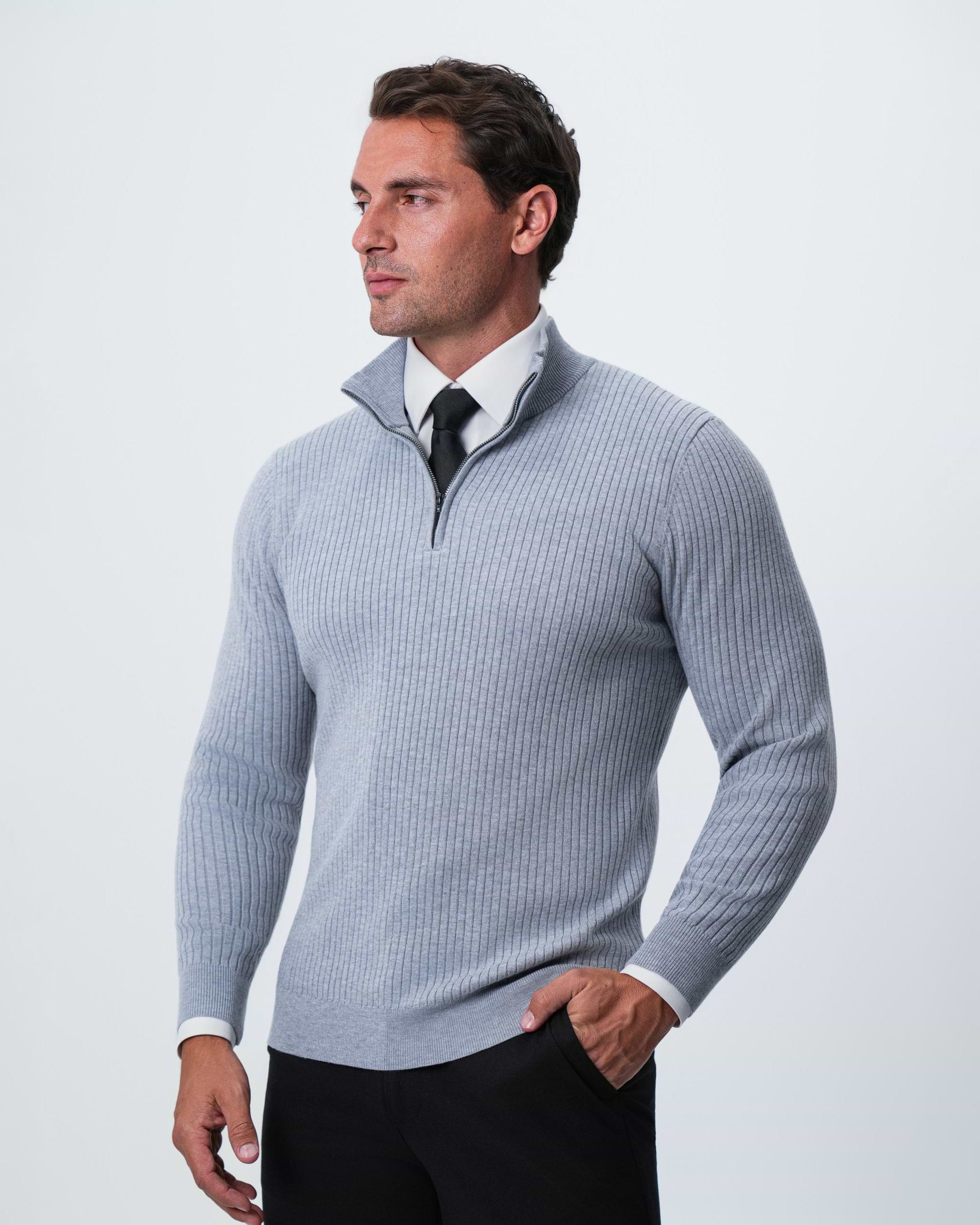 Mid-Weight Ribbed Quarter Zip - Light Grey
