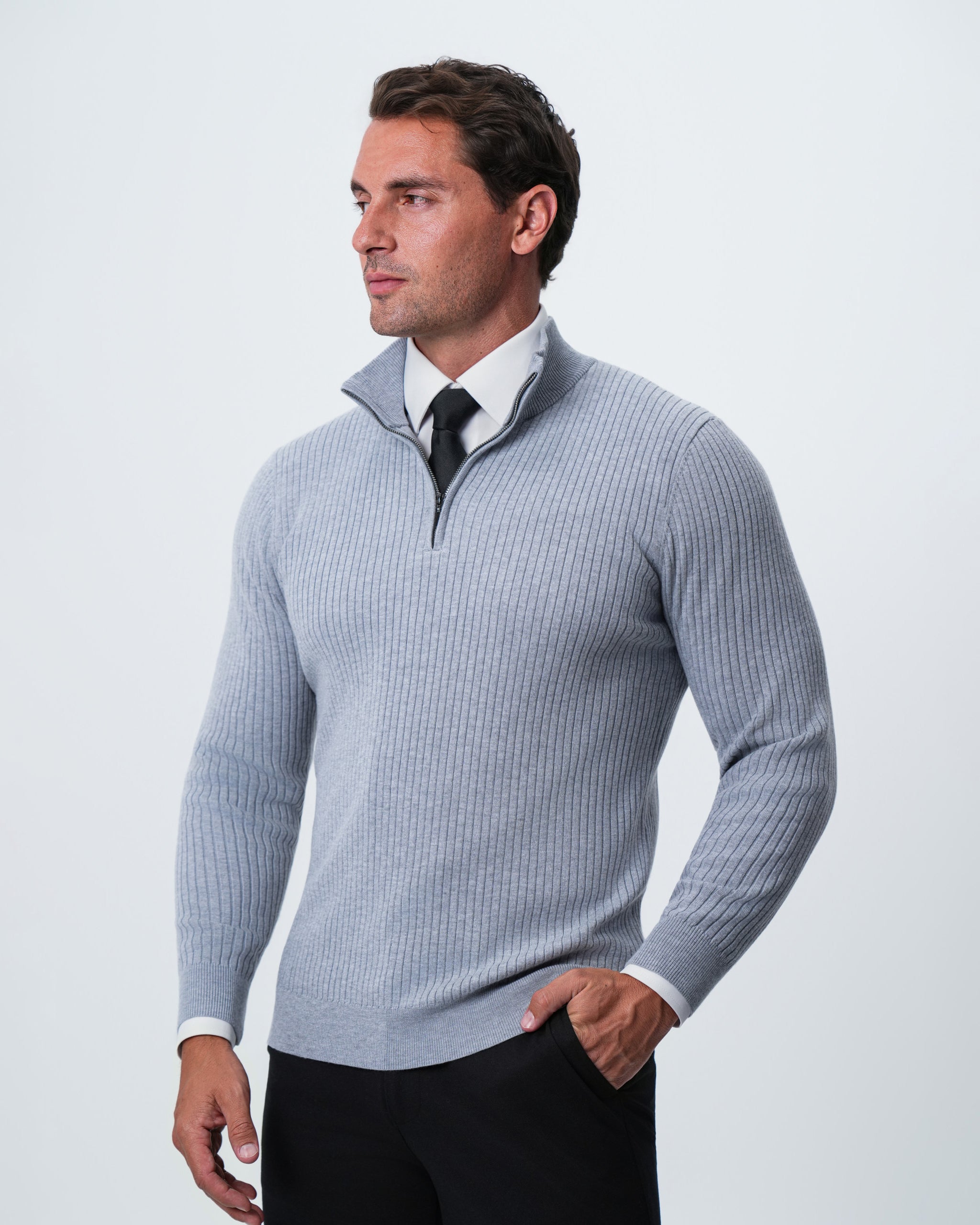 Mid-Weight Ribbed Quarter Zip - Light Grey