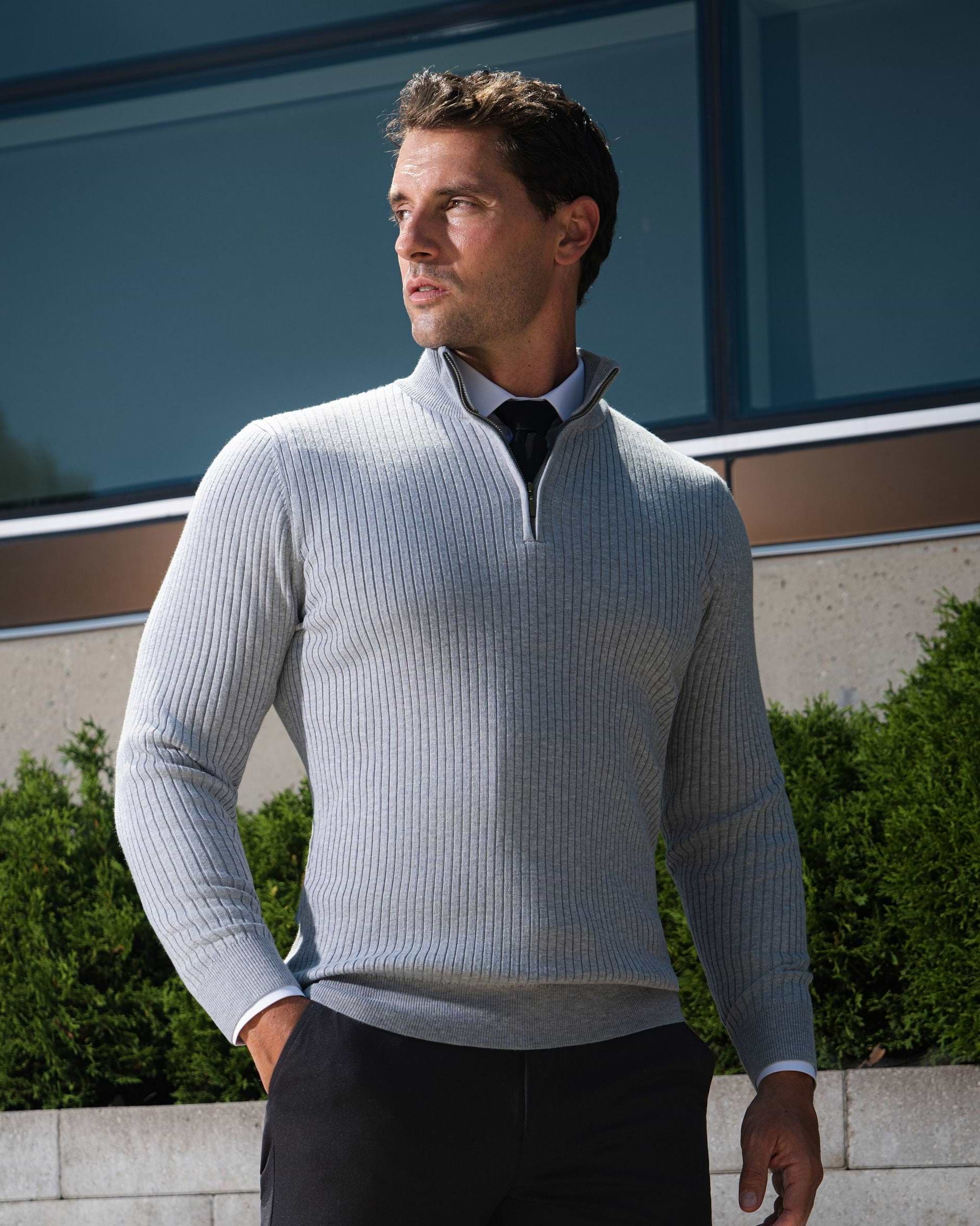Mid-Weight Ribbed Quarter Zip - Light Grey