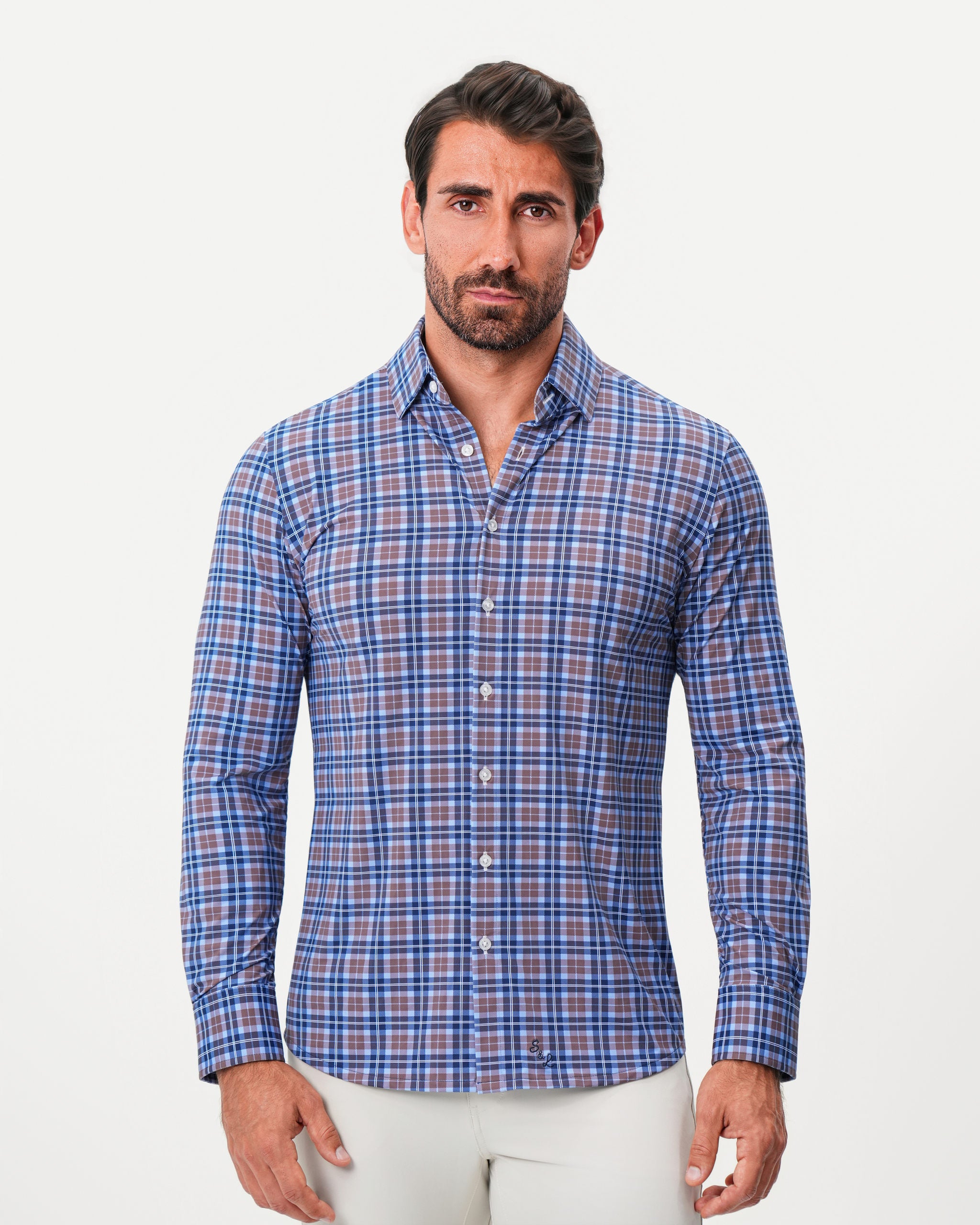 "The Myrtle" Sport Shirt - Navy and Light Brown Plaid