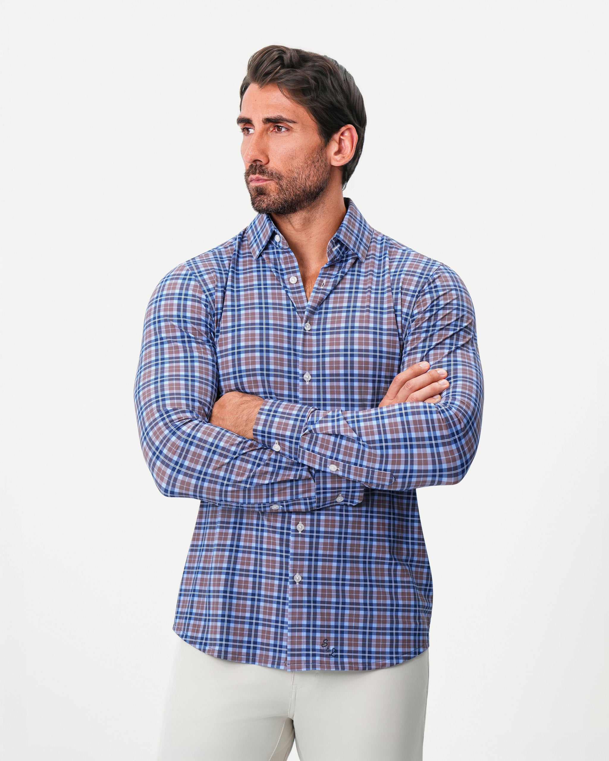"The Myrtle" Sport Shirt - Navy and Light Brown Plaid