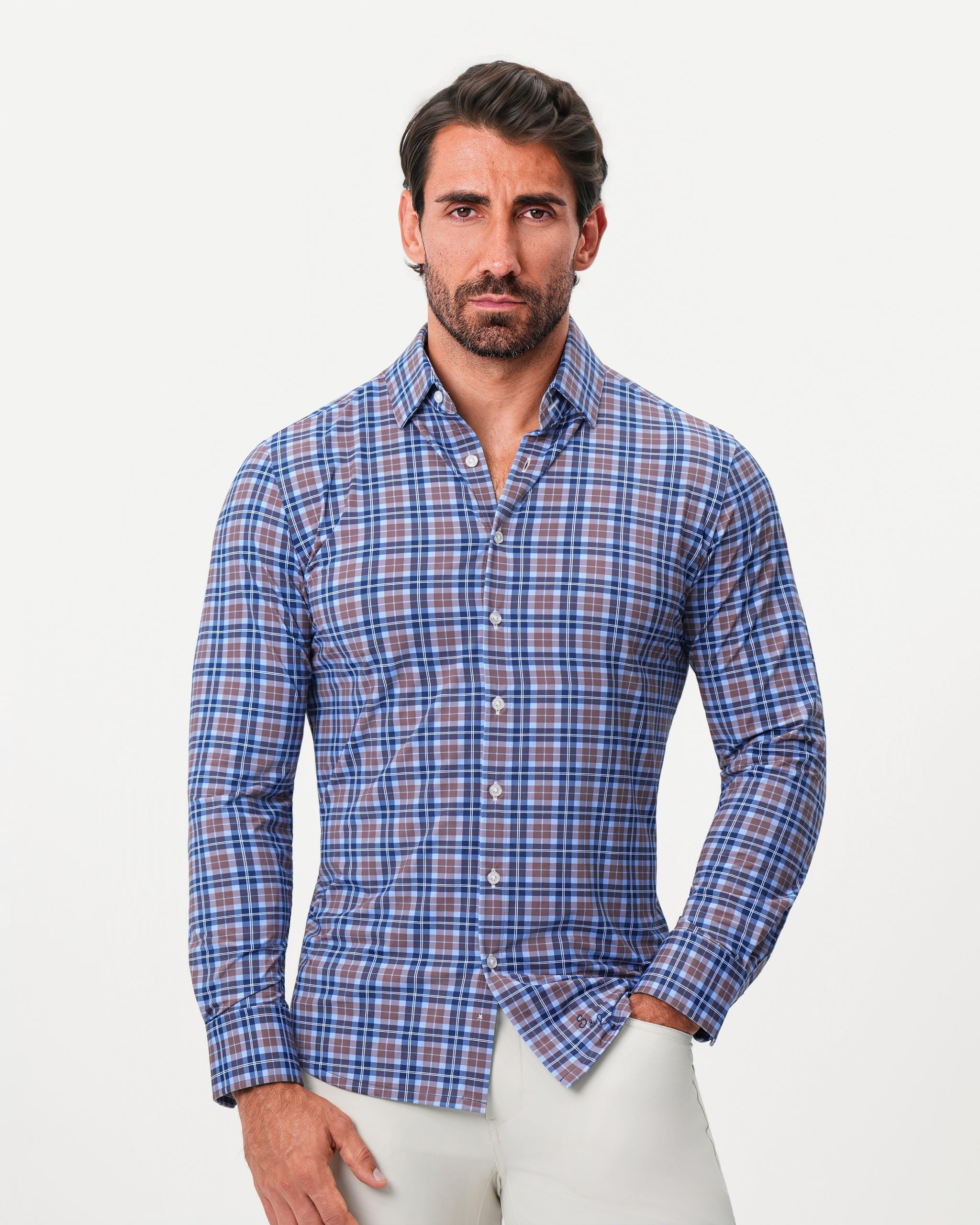 "The Myrtle" Sport Shirt - Navy and Light Brown Plaid