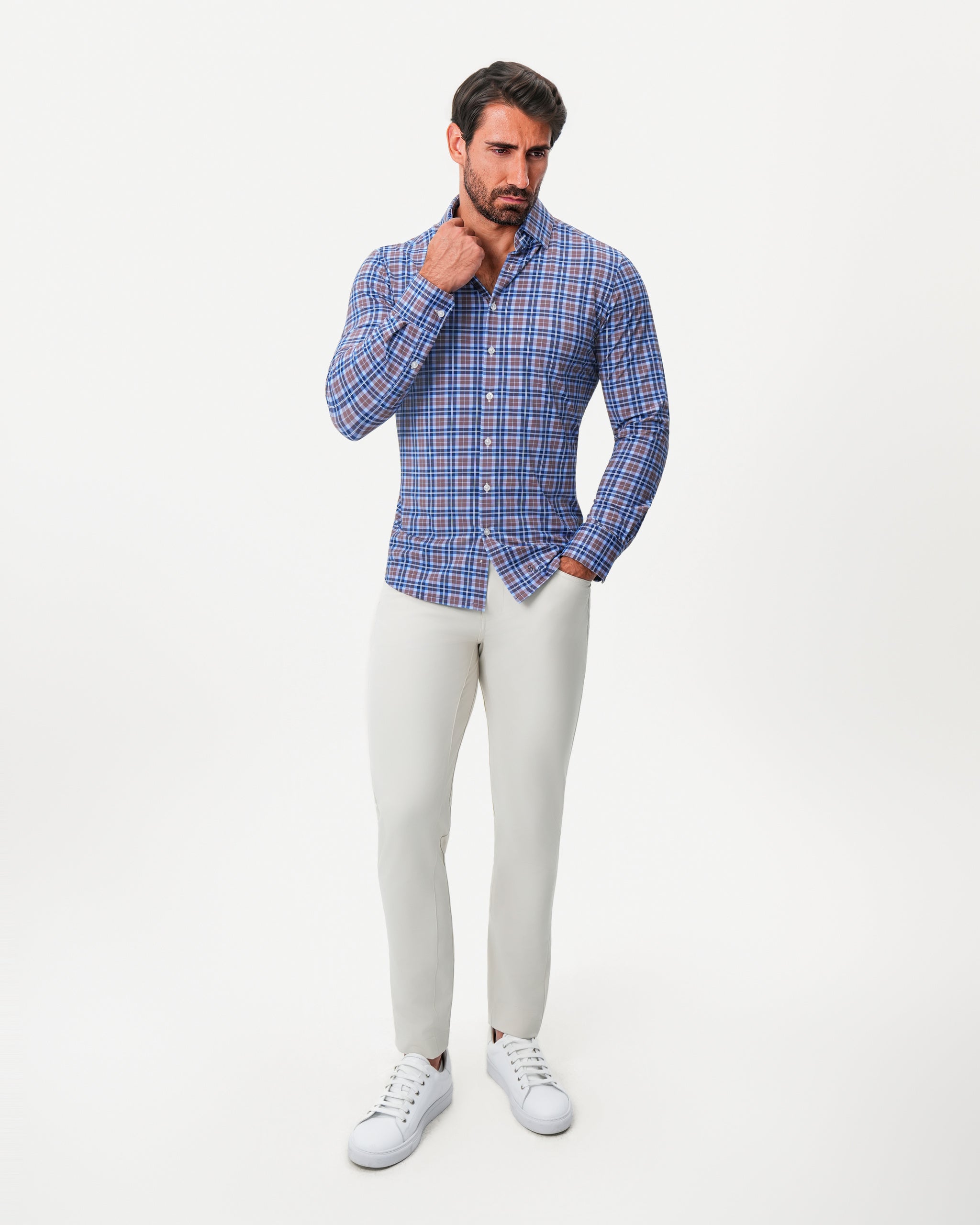 "The Myrtle" Sport Shirt - Navy and Light Brown Plaid