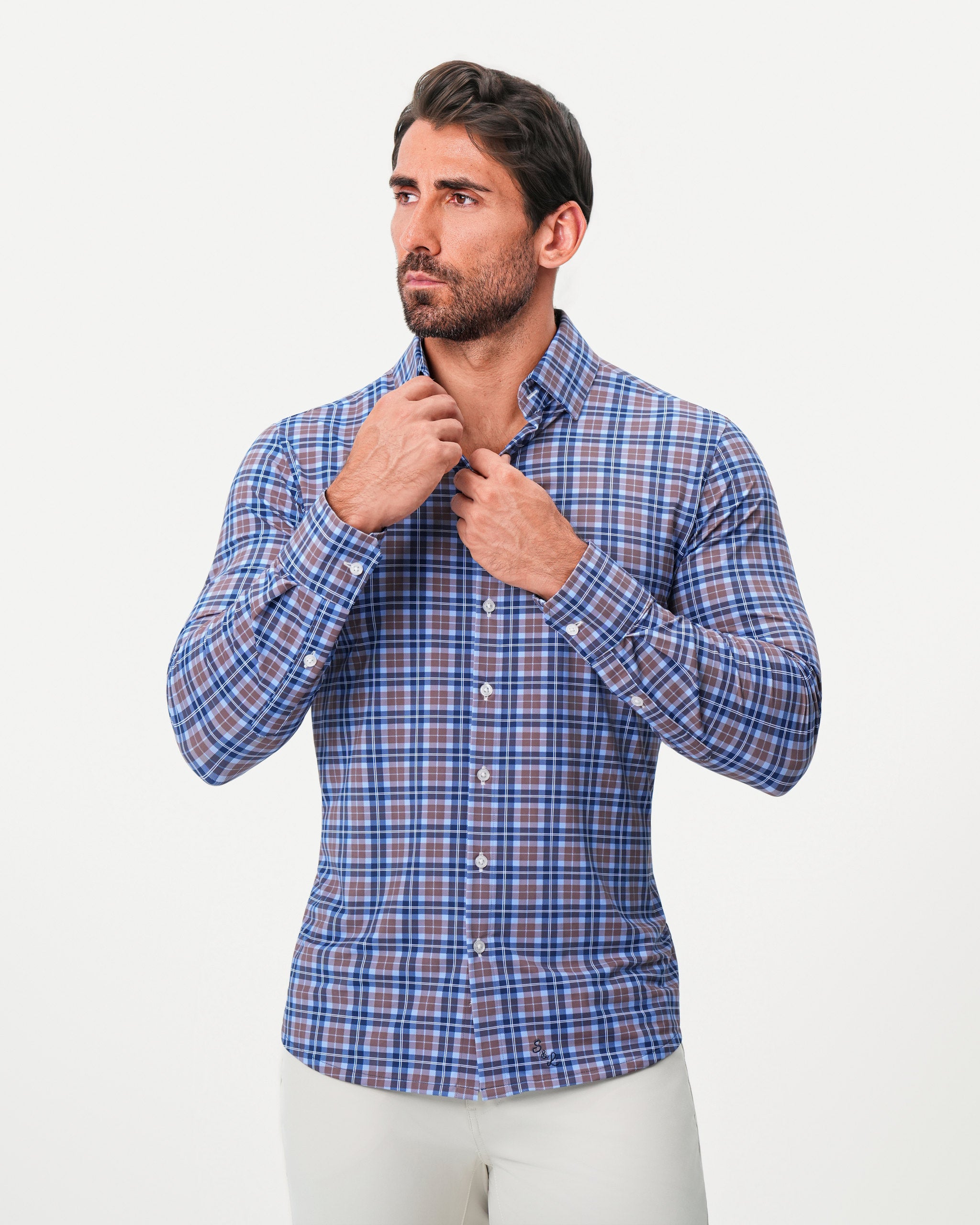 "The Myrtle" Sport Shirt - Navy and Light Brown Plaid