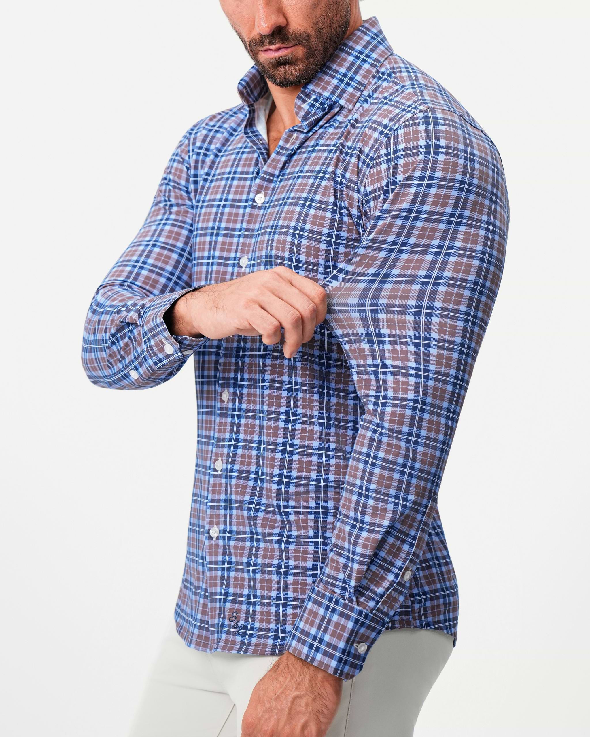 "The Myrtle" Sport Shirt - Navy and Light Brown Plaid
