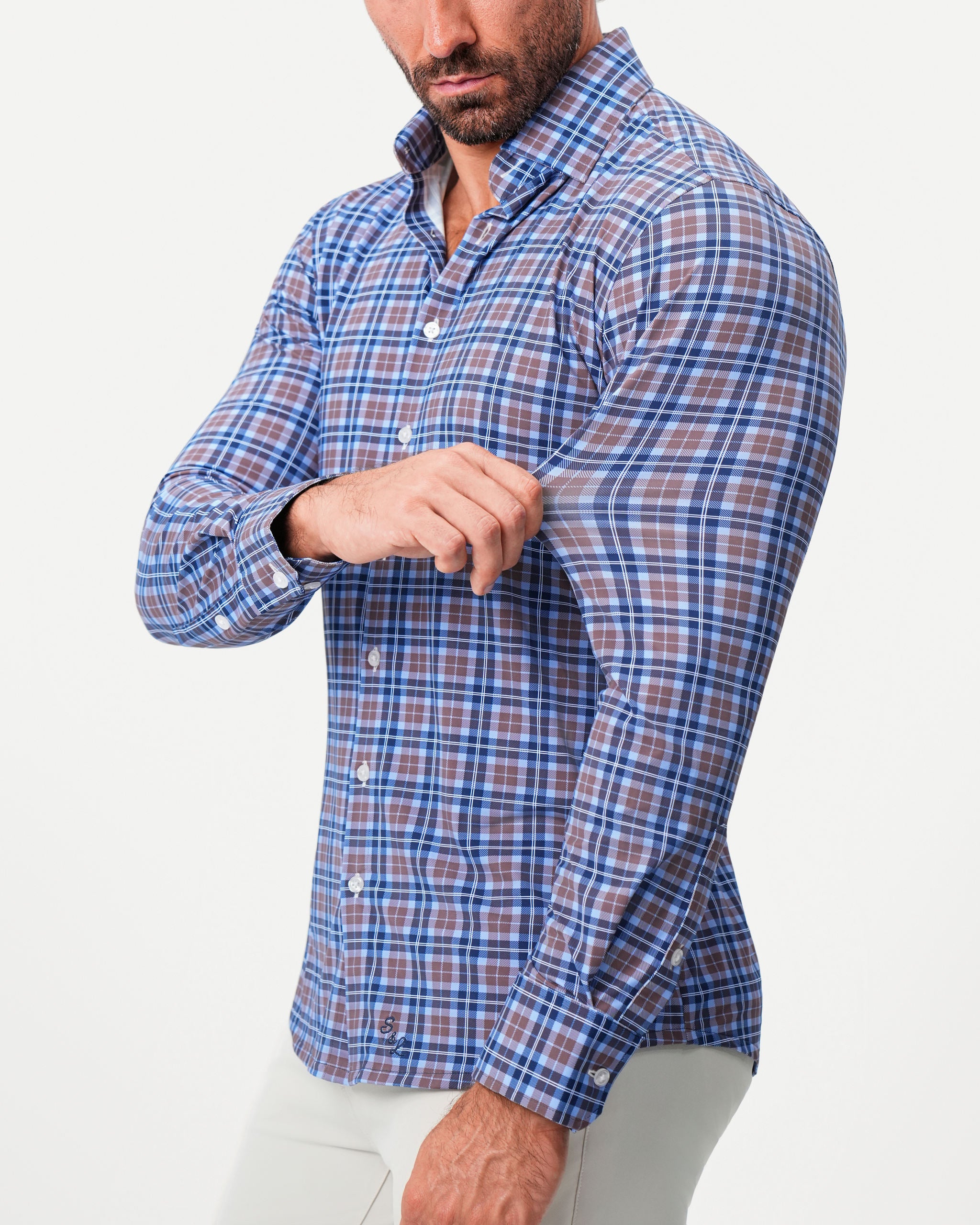 "The Myrtle" Sport Shirt - Navy and Light Brown Plaid