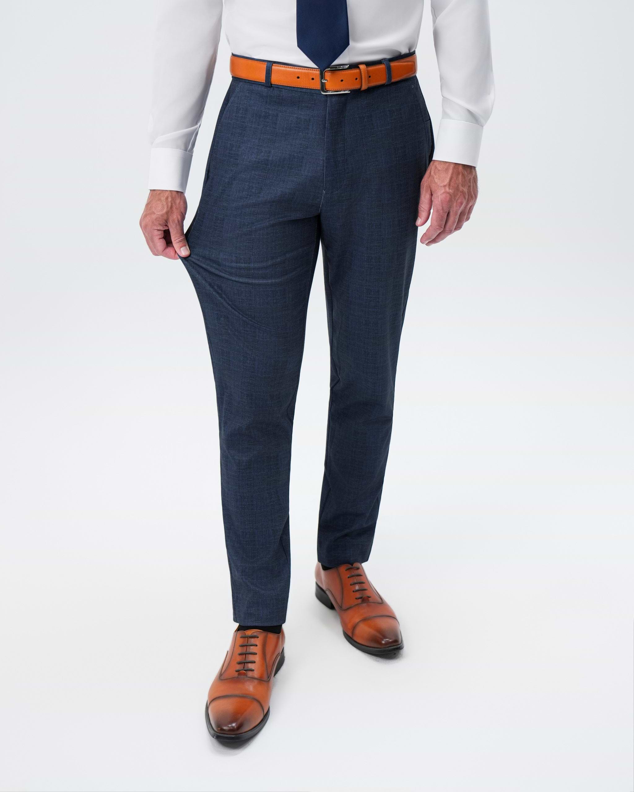 Athletic Fit Stretch Suit Pants - Oxford Blue Plaid