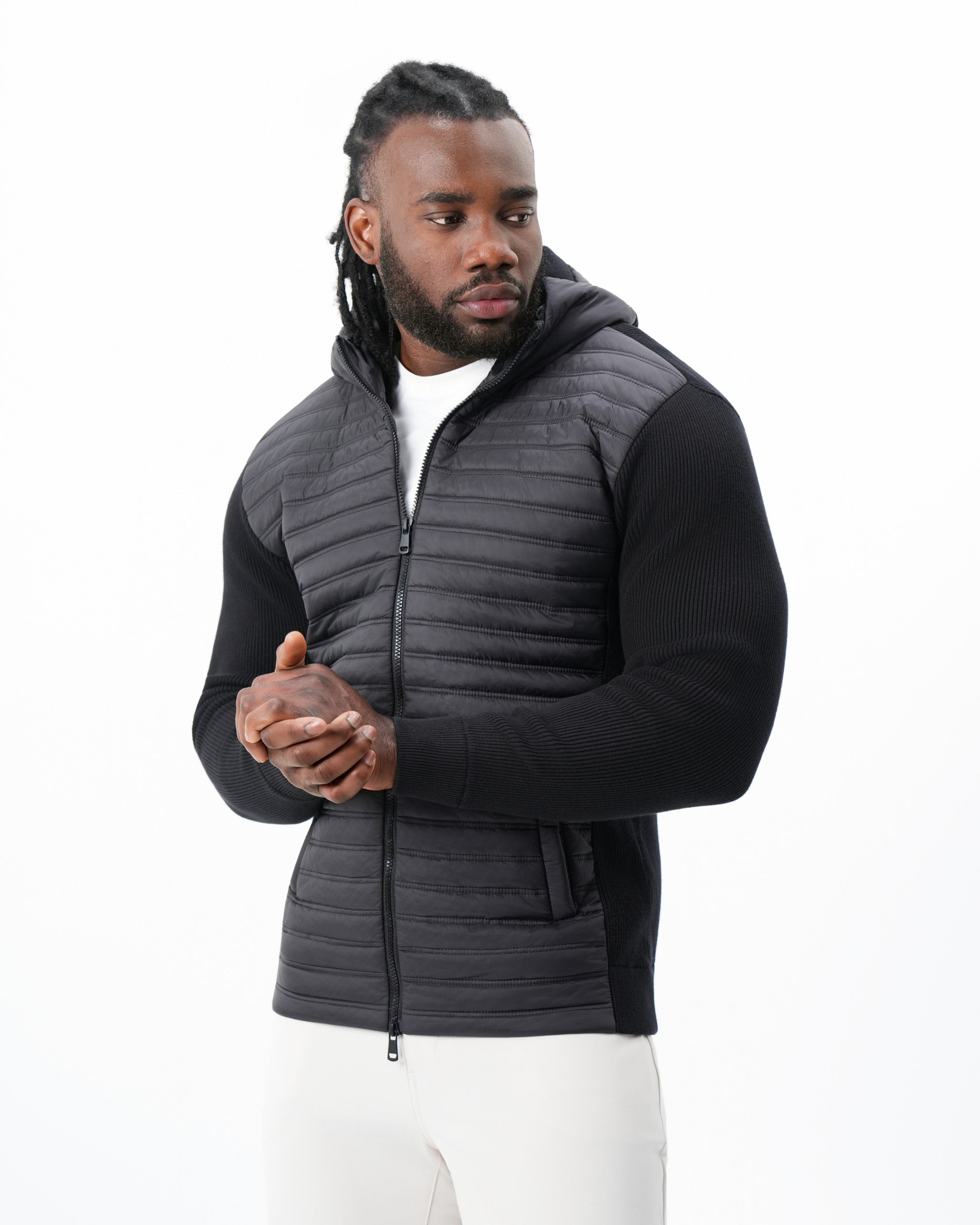 Quilted Hybrid Hooded Jacket - Black