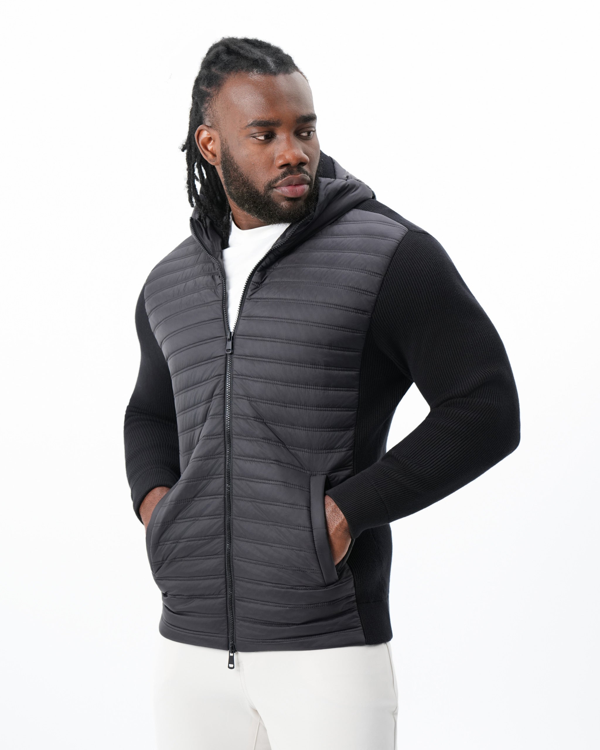 Quilted Hybrid Hooded Jacket - Black