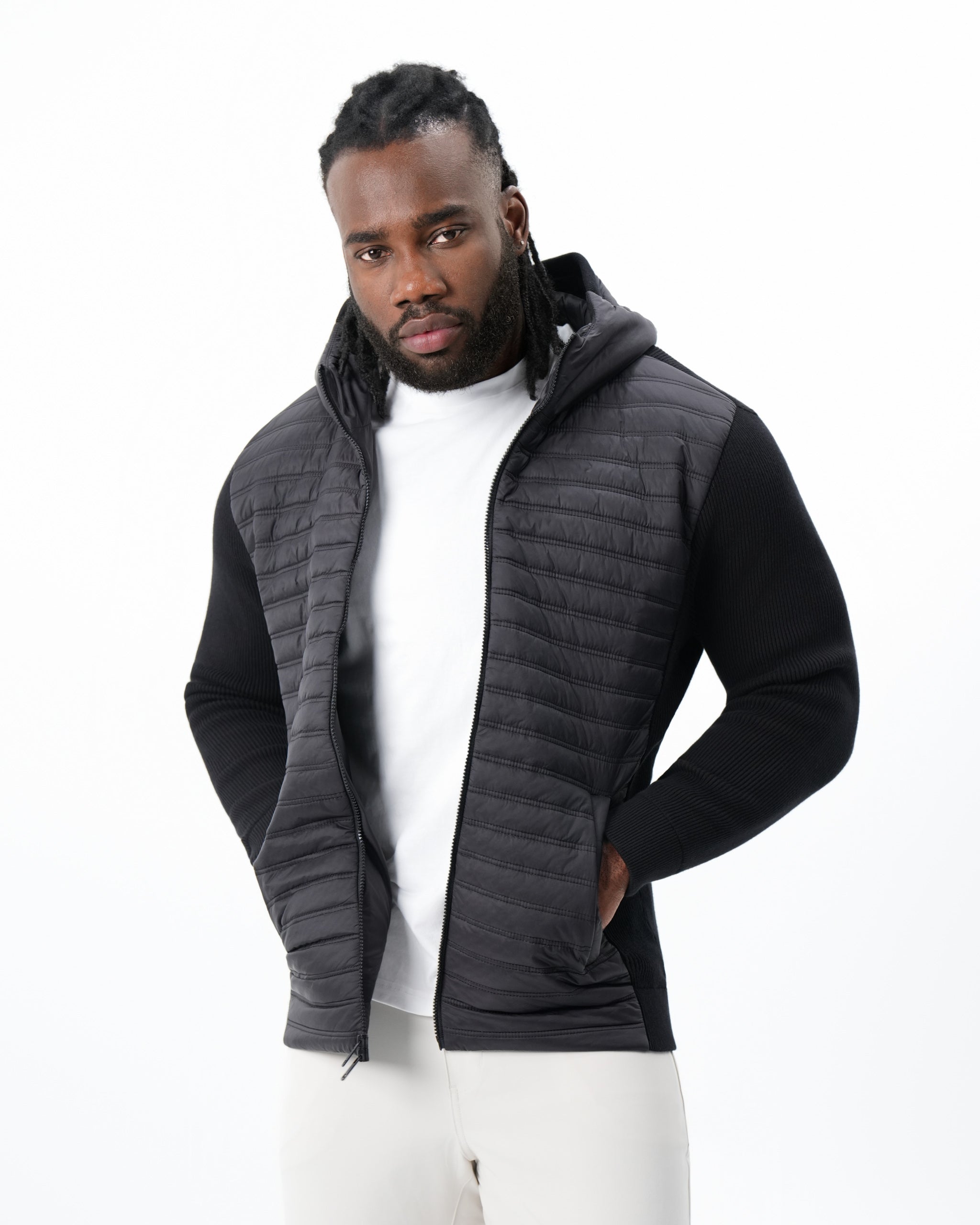 Quilted Hybrid Hooded Jacket - Black