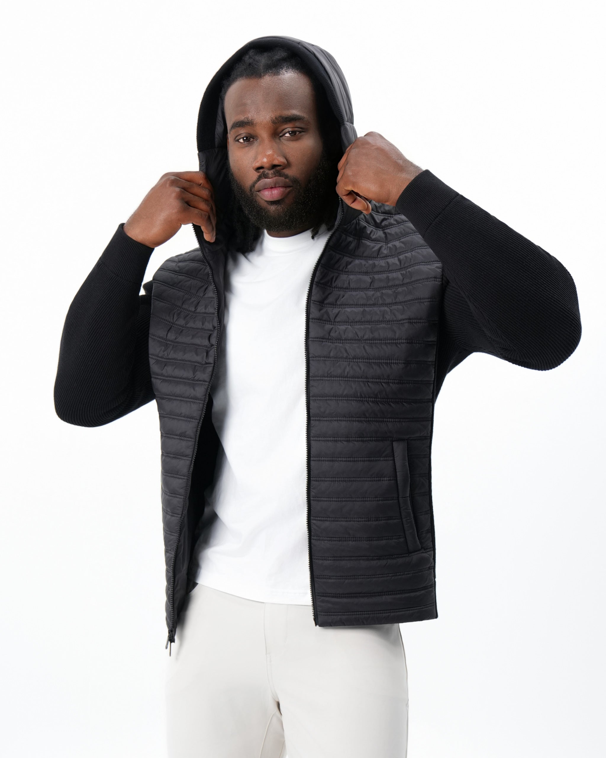 Quilted Hybrid Hooded Jacket - Black
