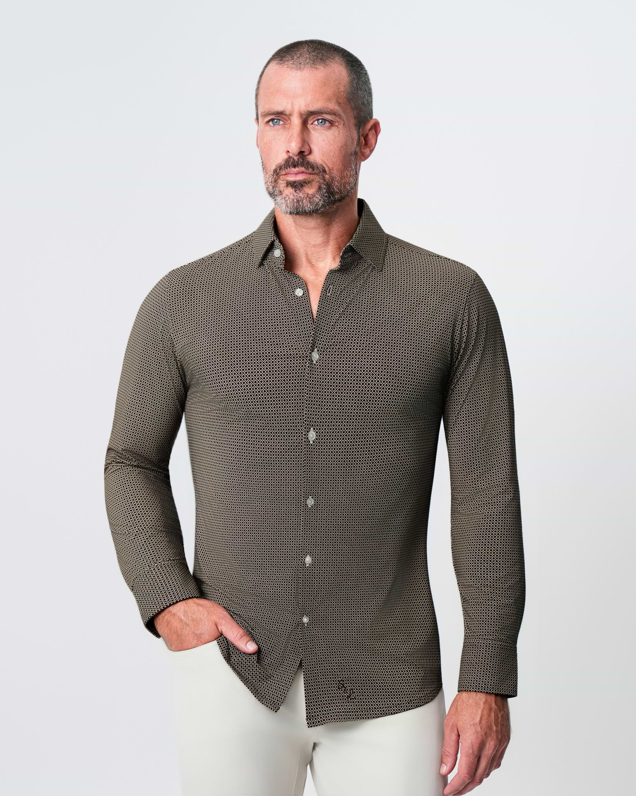 "The Saugatuck" Sport Shirt - Brown with White Diamond Geo