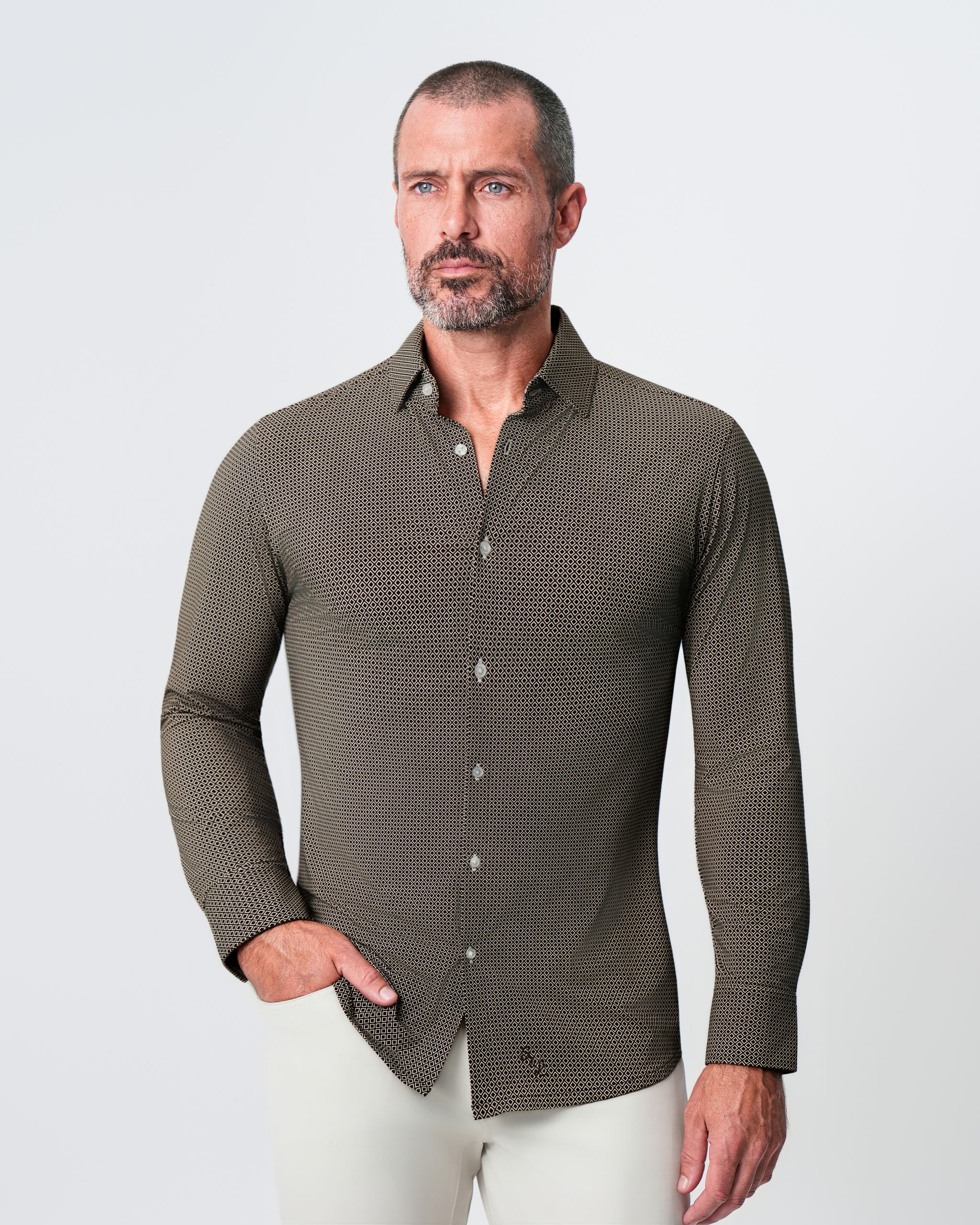 "The Saugatuck" Sport Shirt - Brown with White Diamond Geo