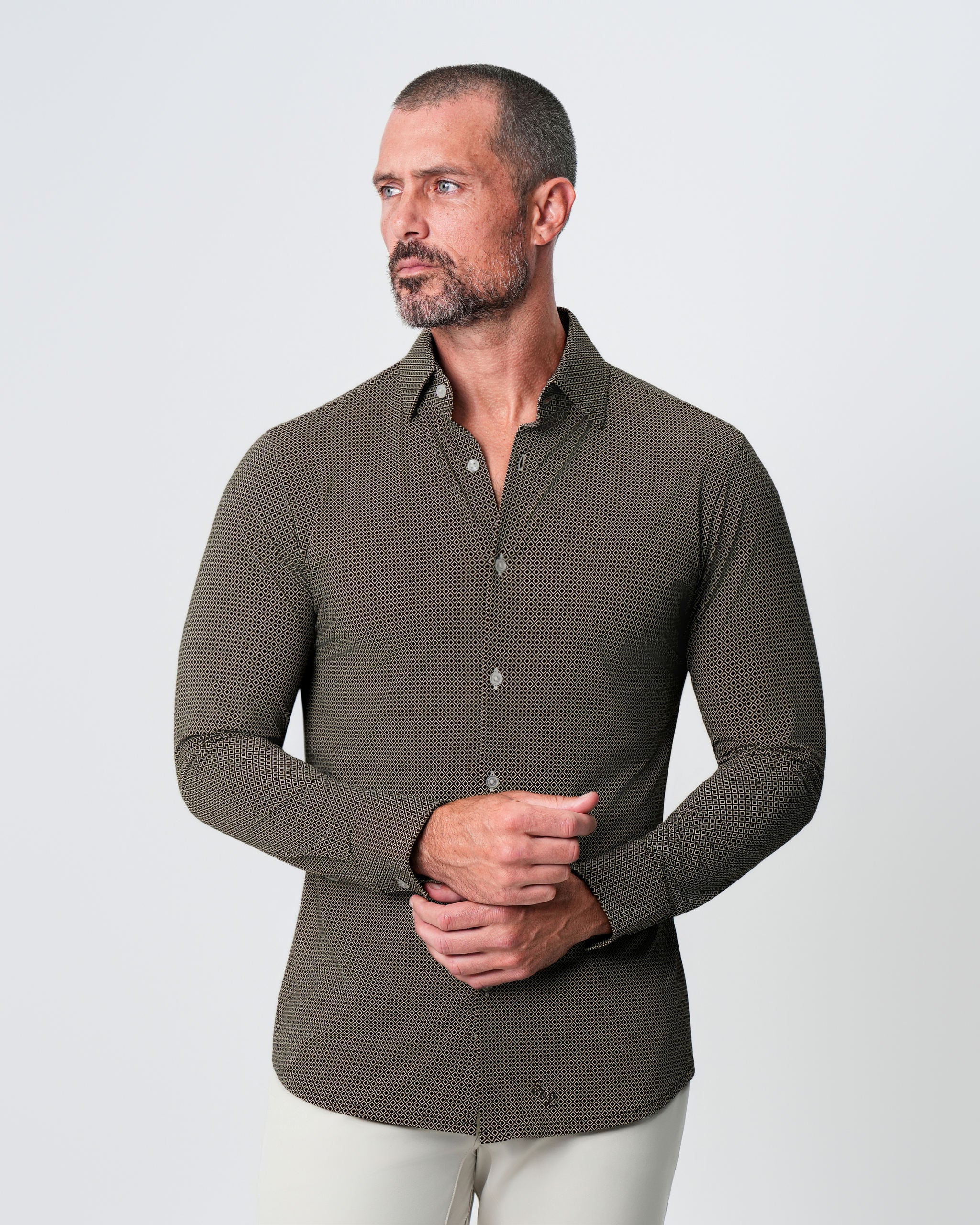 "The Saugatuck" Sport Shirt - Brown with White Diamond Geo