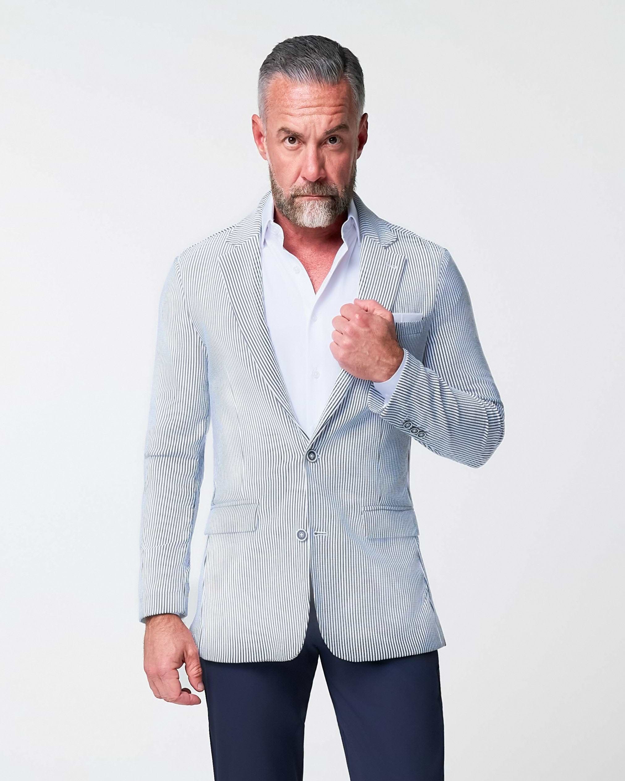 Athletic Fit Stretch Blazer - Navy & White Seersucker