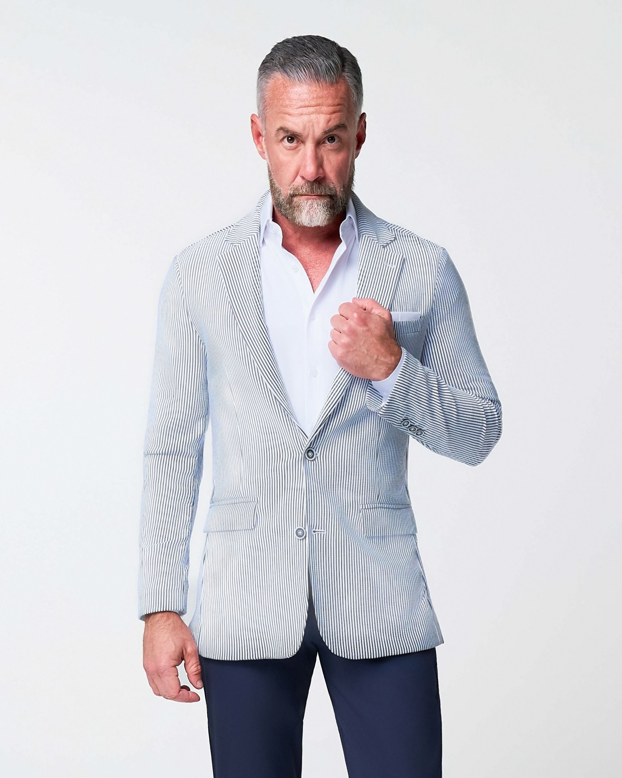 Athletic Fit Stretch Blazer - Navy & White Seersucker