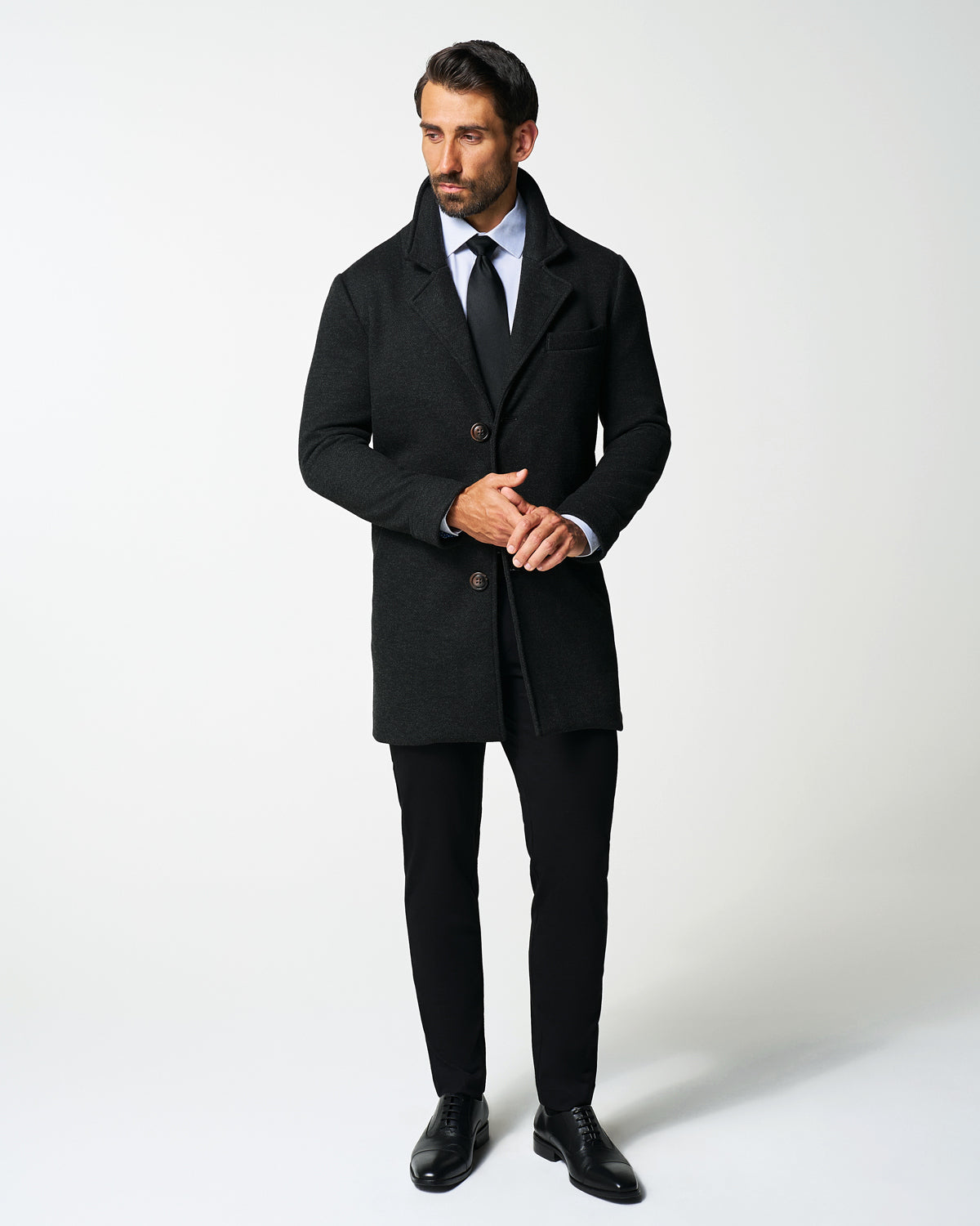 3 Button Overcoat - Charcoal Herringbone