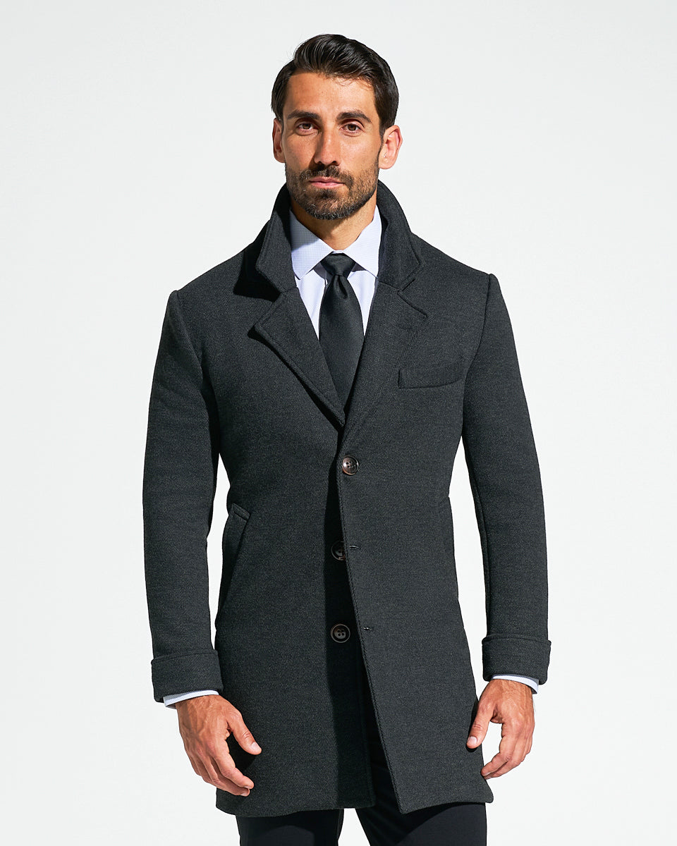 3 Button Overcoat - Charcoal Herringbone