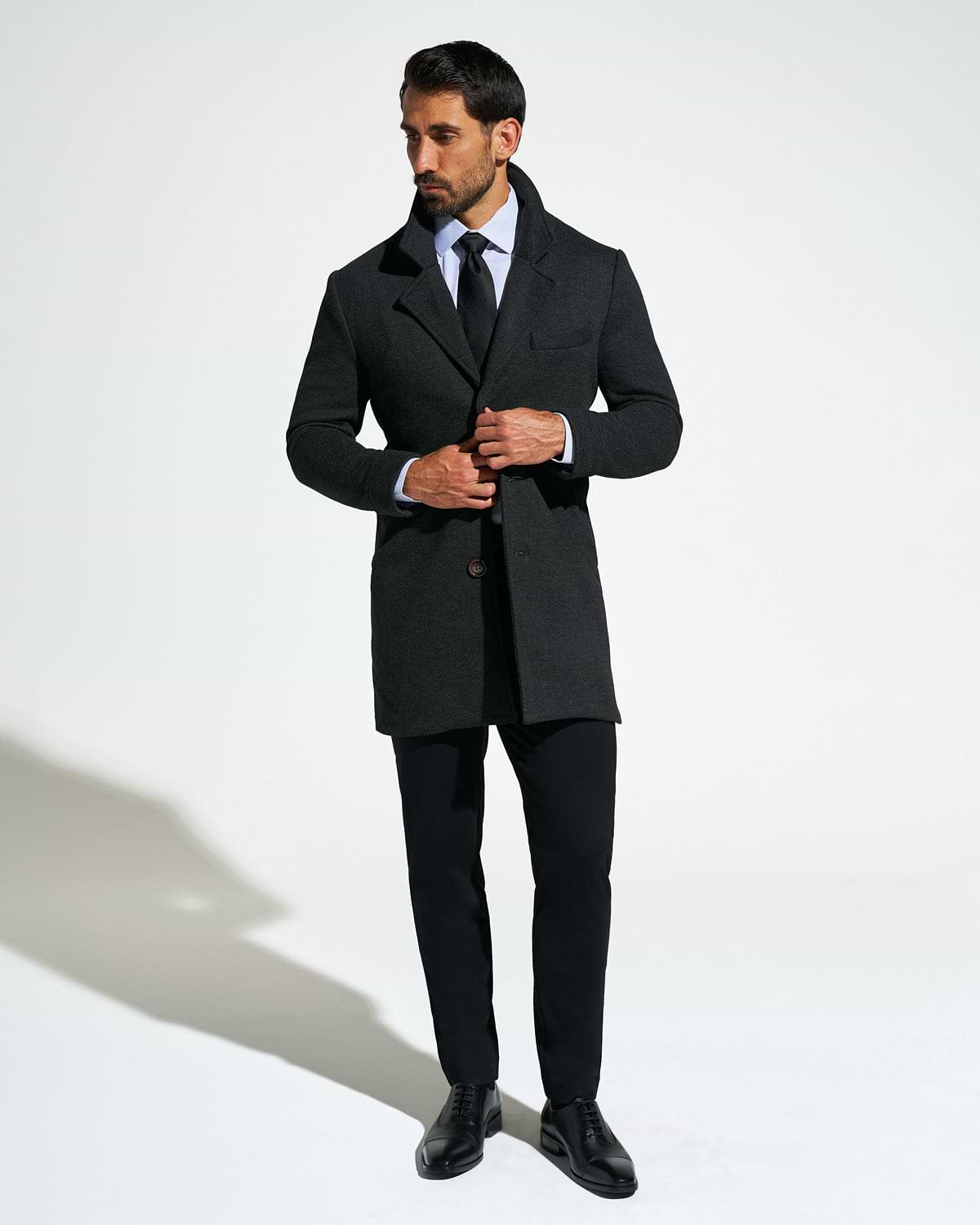 3 Button Overcoat - Charcoal Herringbone