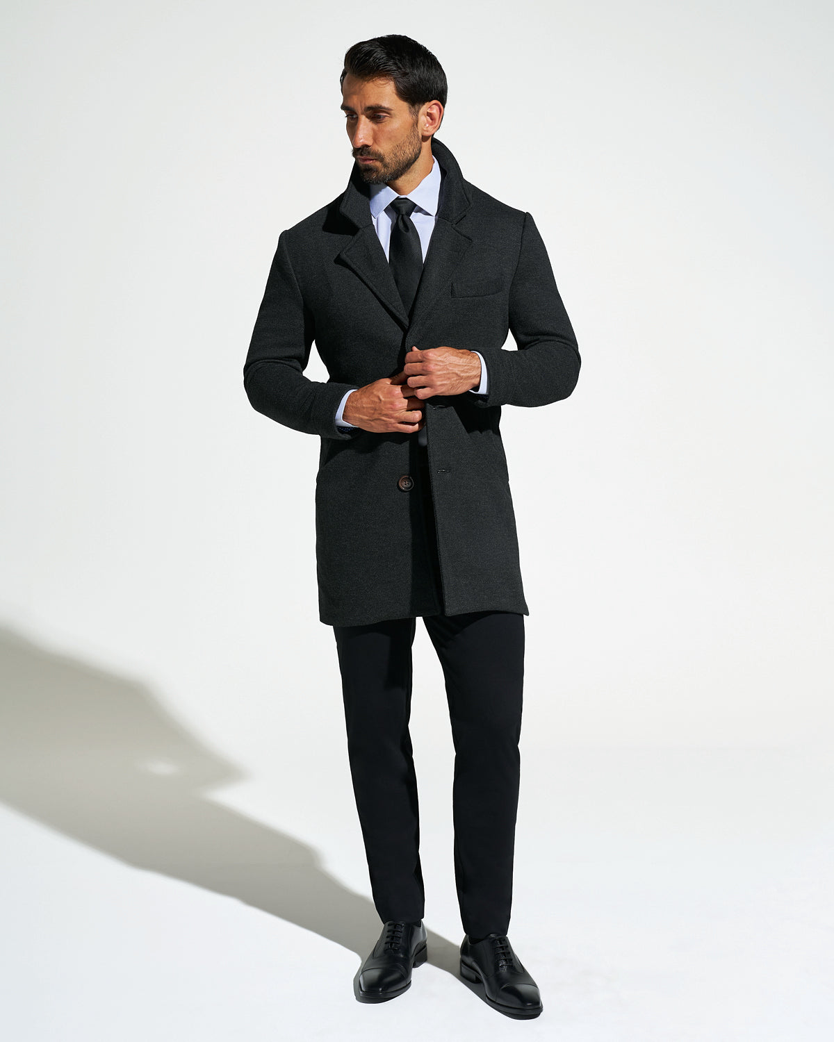 3 Button Overcoat - Charcoal Herringbone