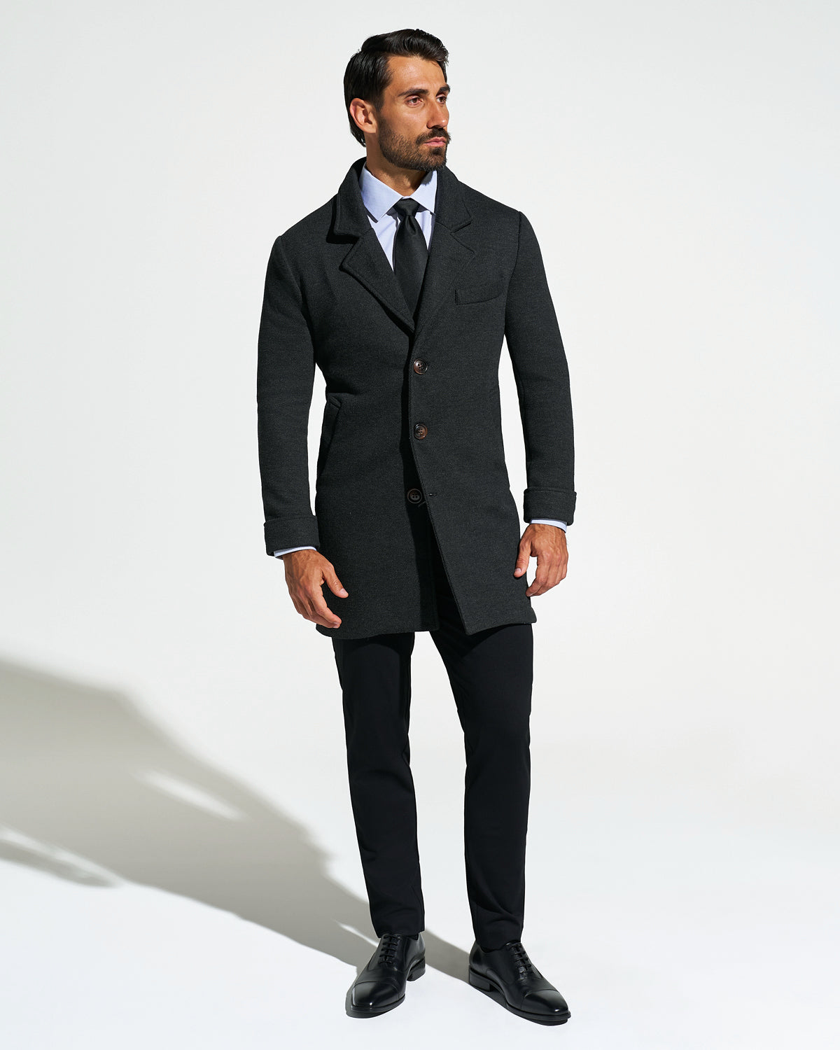 3 Button Overcoat - Charcoal Herringbone