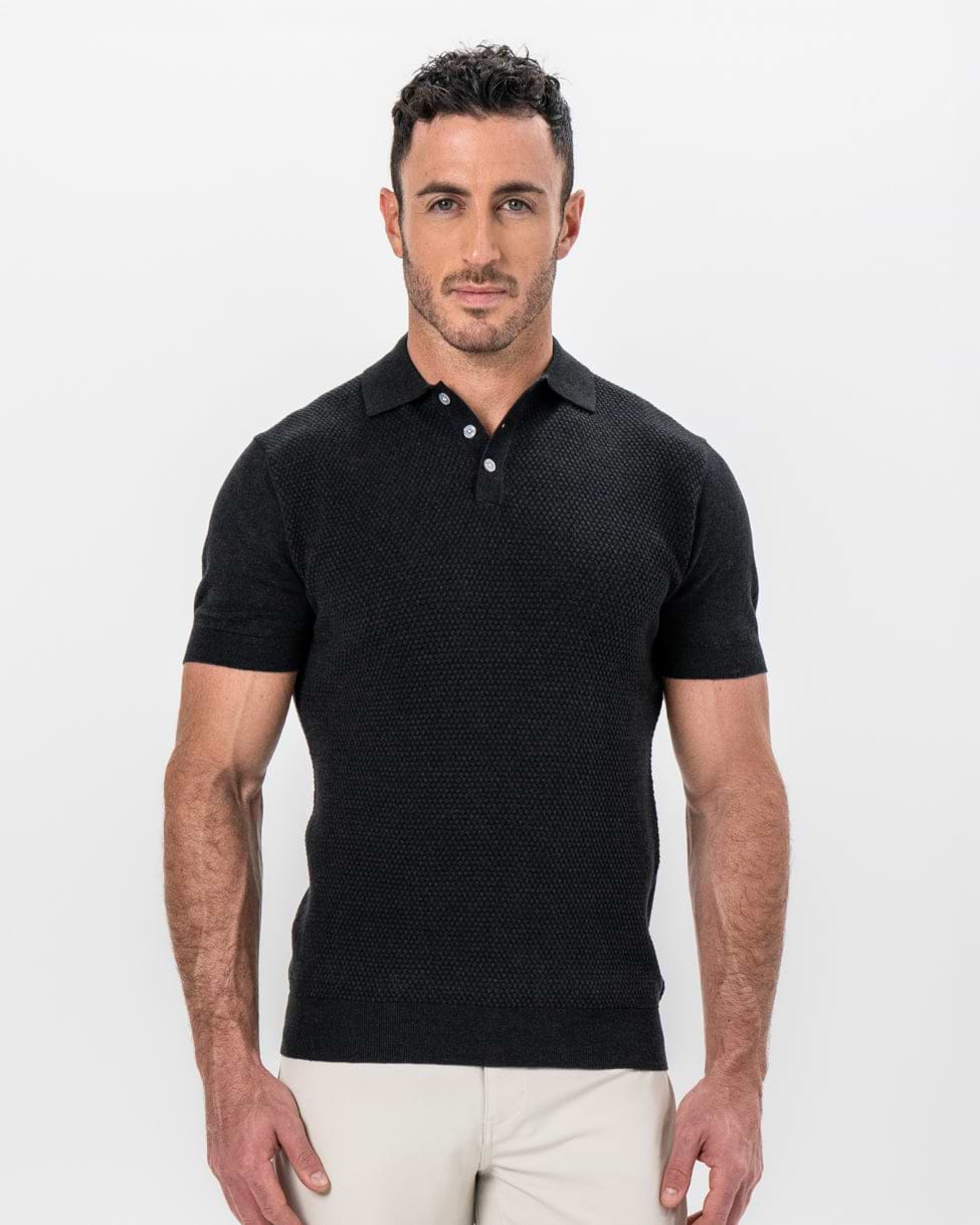 Textured Knit Cashmere Polo - Charcoal