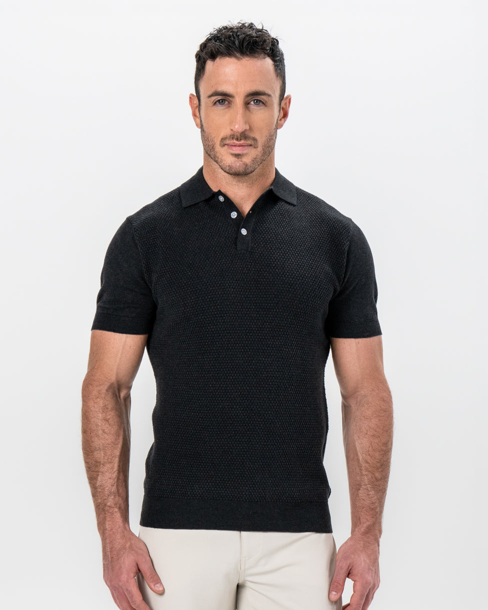 Textured Knit Cashmere Polo - Charcoal