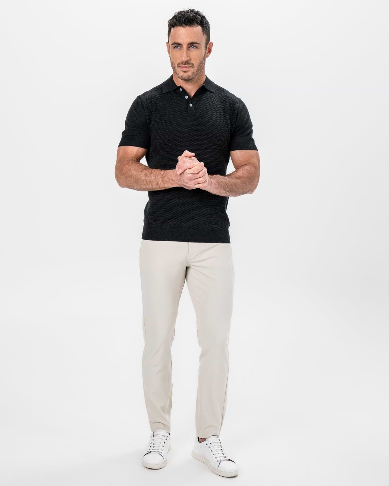 Textured Knit Cashmere Polo - Charcoal
