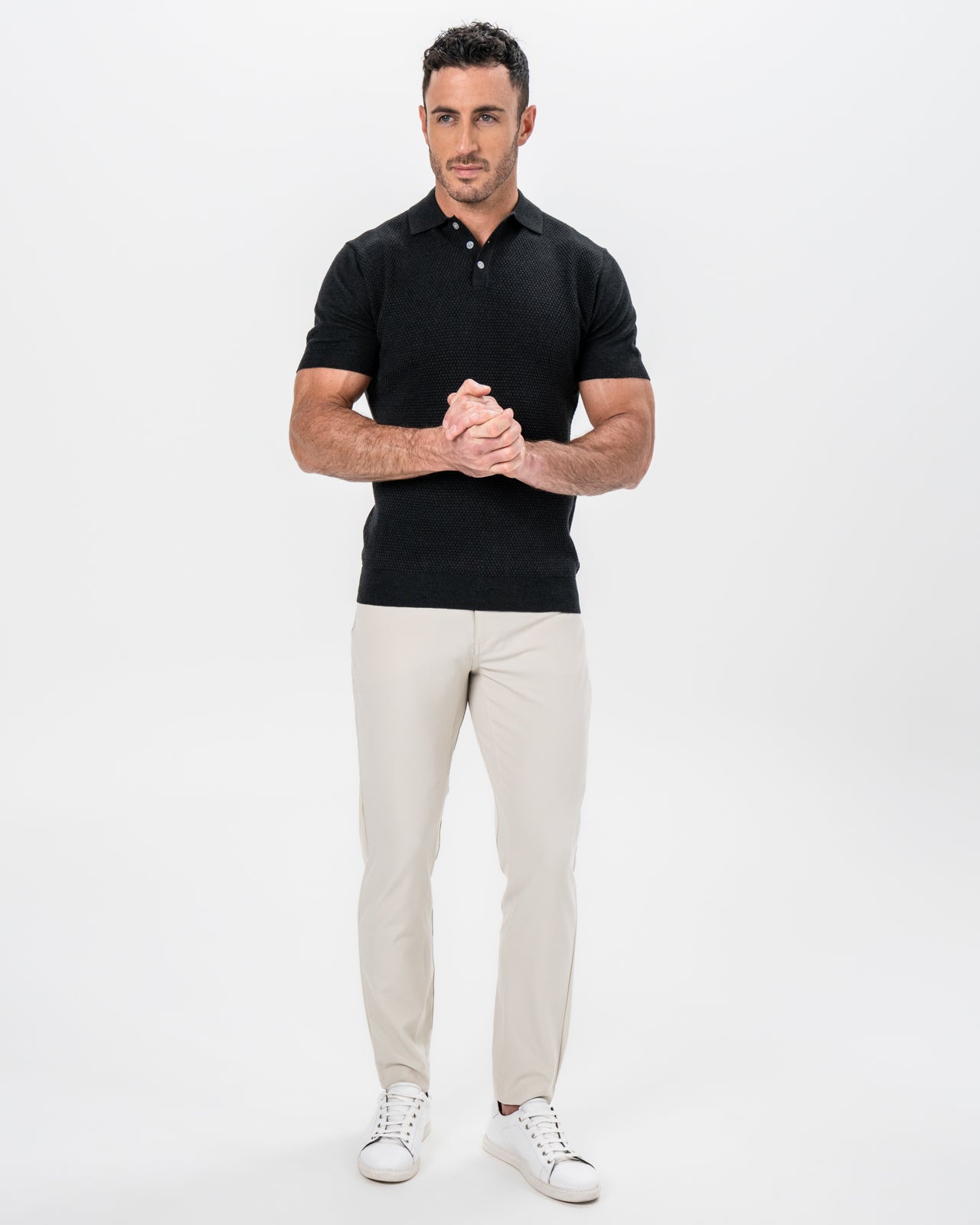 Textured Knit Cashmere Polo - Charcoal