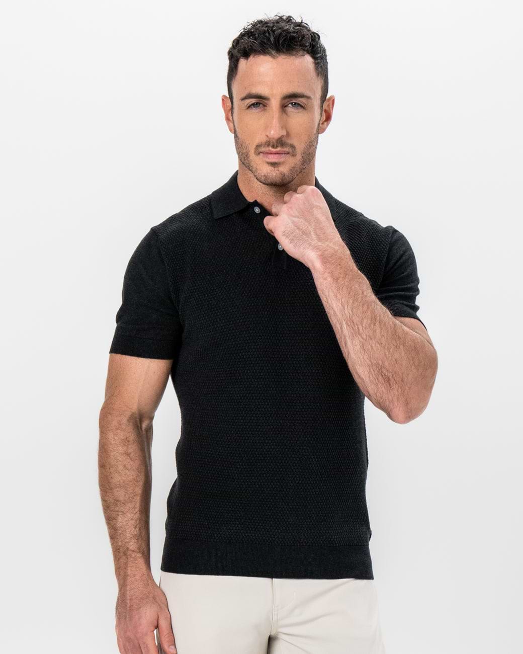 Textured Knit Cashmere Polo - Charcoal