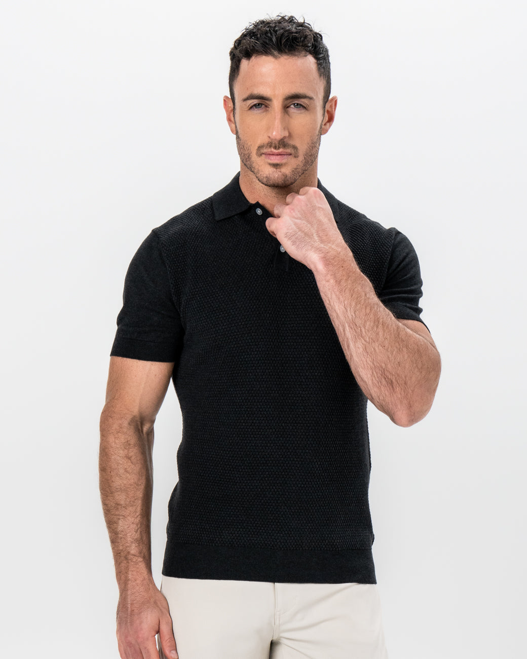 Textured Knit Cashmere Polo - Charcoal