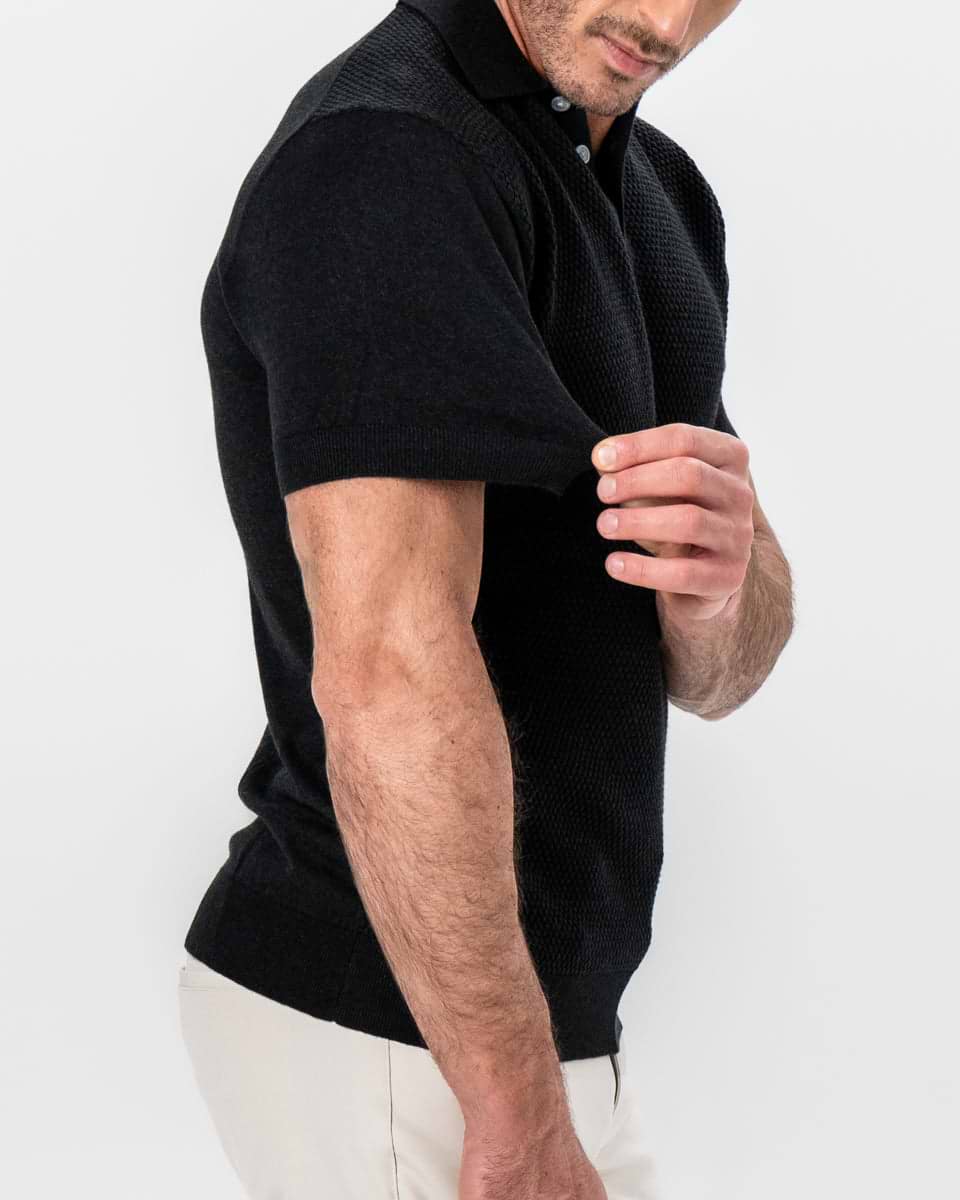 Textured Knit Cashmere Polo - Charcoal