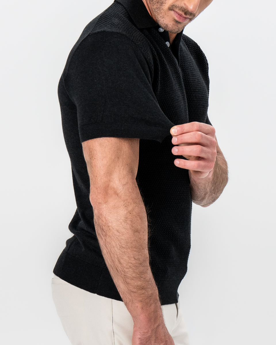 Textured Knit Cashmere Polo - Charcoal